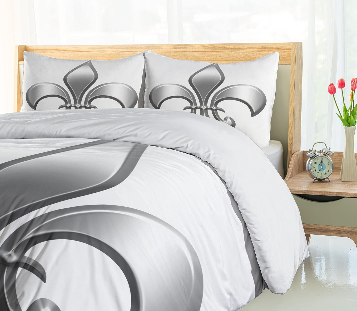 Ambesonne Fleur De Lis Duvet Cover Set, Lily Flower Nobility of Knights in Medieval Time European Iris, Decorative 3 Piece Bedding Set with 2 Pillow Shams, King Size, White Silver King White Silver