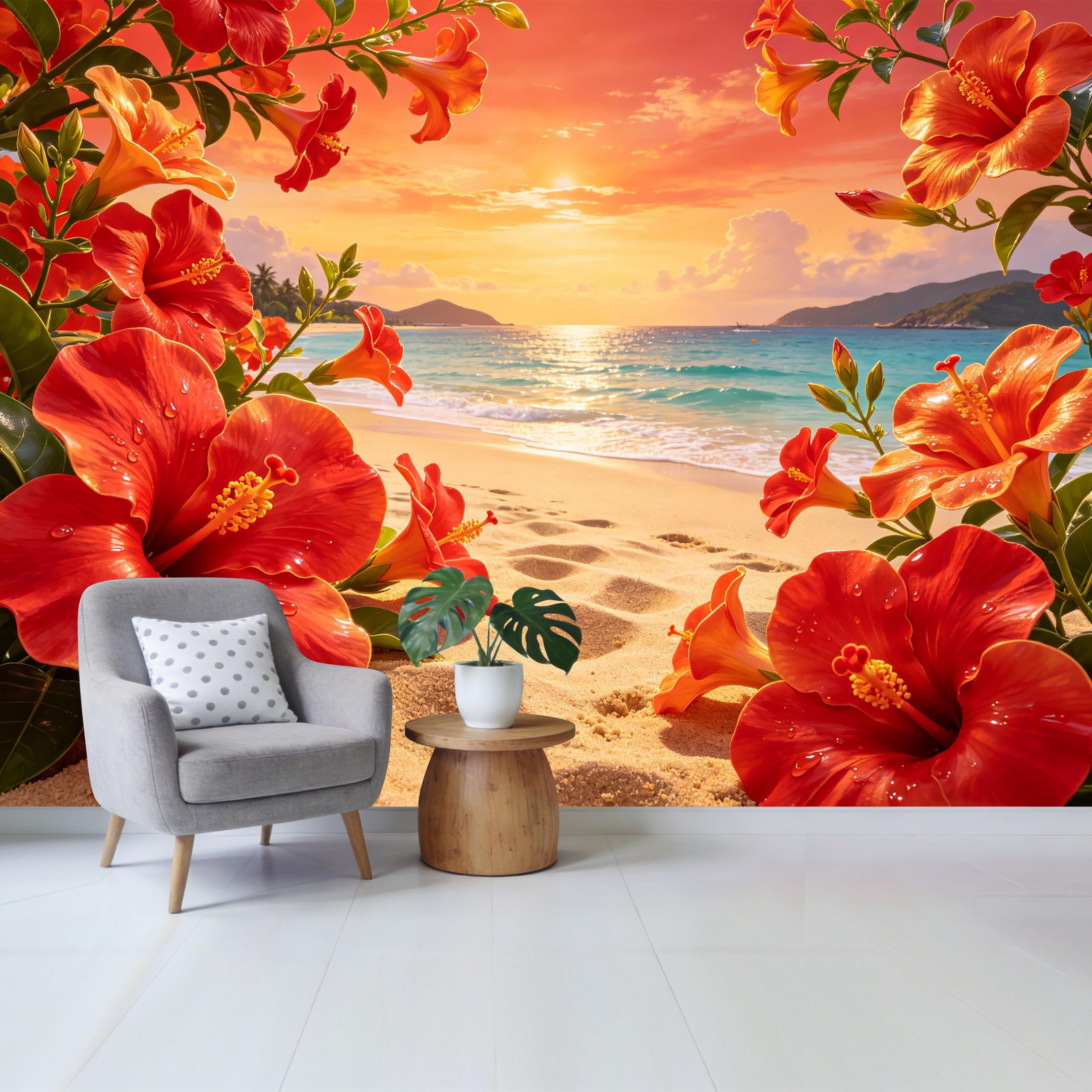 Custom Size Wall Mural Red Hibiscus Flowers Tropical Coastal Beach Sunset Landscape SelfAdhesive Wall Fabric Removable Wallpaper for Home Office Decor