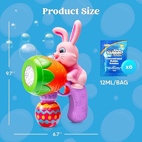 Miniatura 7 de Sloosh Pistola de burbujas de conejo de Pascua para niños de 3 años en adelante, soplador de burbujas con luz de conejo rosa con solución de recarga
