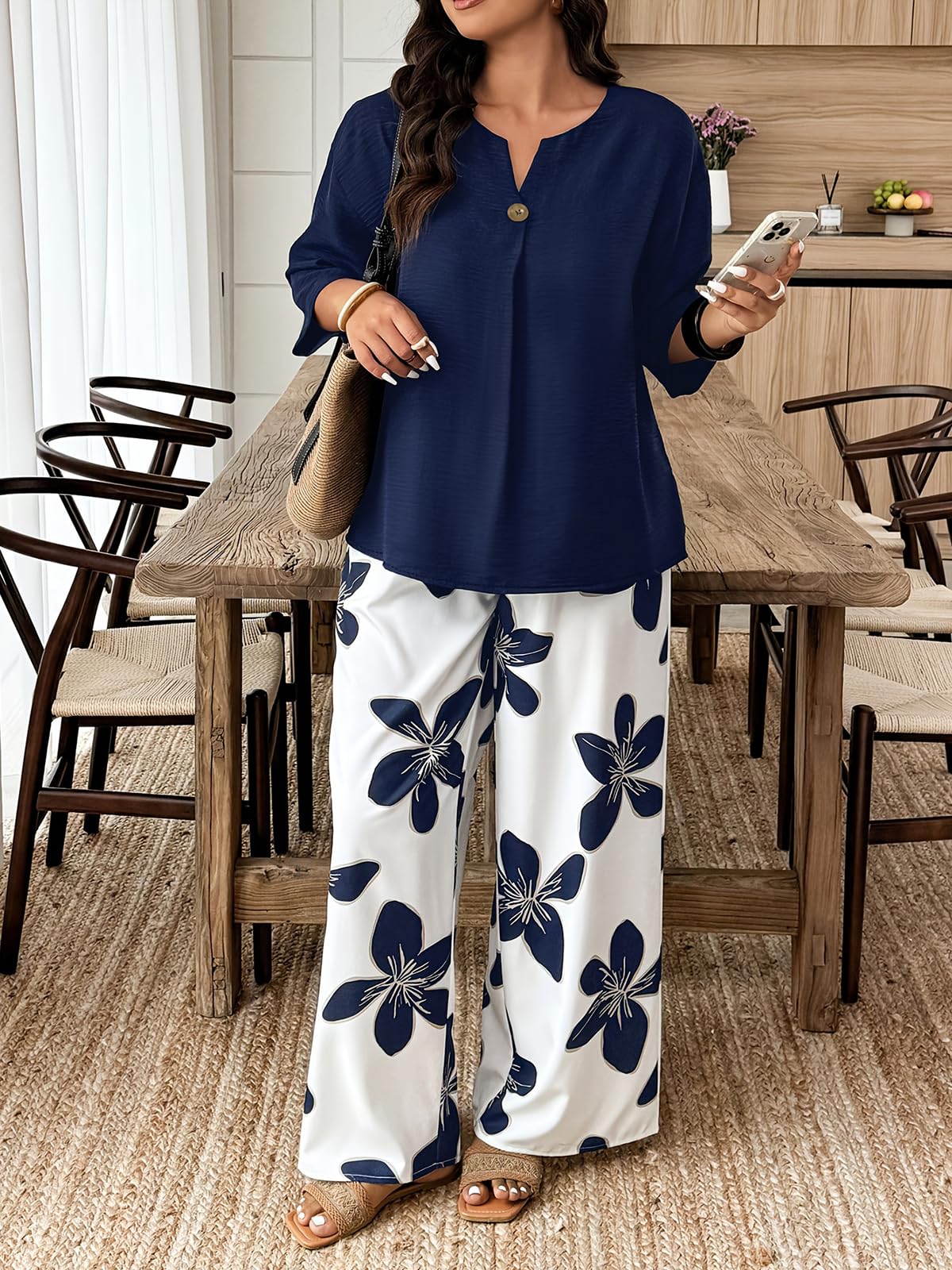 Set da 2 pezzi con top a maniche lunghe e pantaloni a gamba larga con motivo floreale, camicetta tinta unita, pantaloni con stampa a foglie, per brunch casual e da indossare tutti i giorni - 4