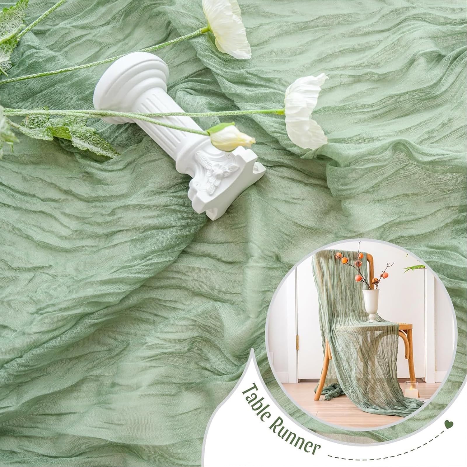 FOSDICK 1Pcs Sage Green Cheesecloth Table Runner, 90×300cm, Rustic Gauze Fabric, Boho Style, Polyester, Natural, Textured - Image 3