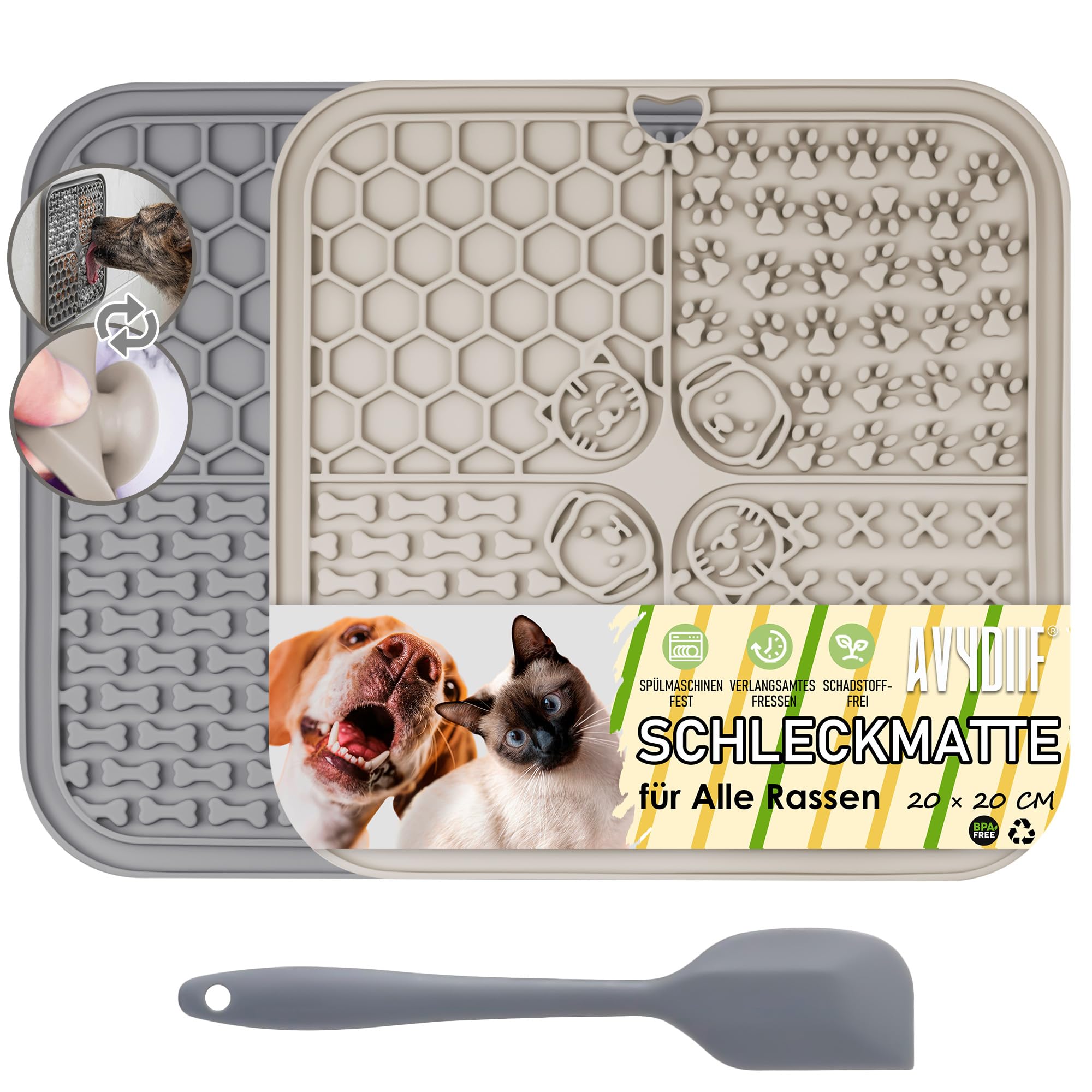 Lick Mats for Dog & Cat, Slow Feeders Cat Bowl with Suction Cups, Anxiety Relief & Boredom Reducer, Enrichment Toys for Peanut Butter Treats Yogurt Bathing Grooming (Beige+Grey)