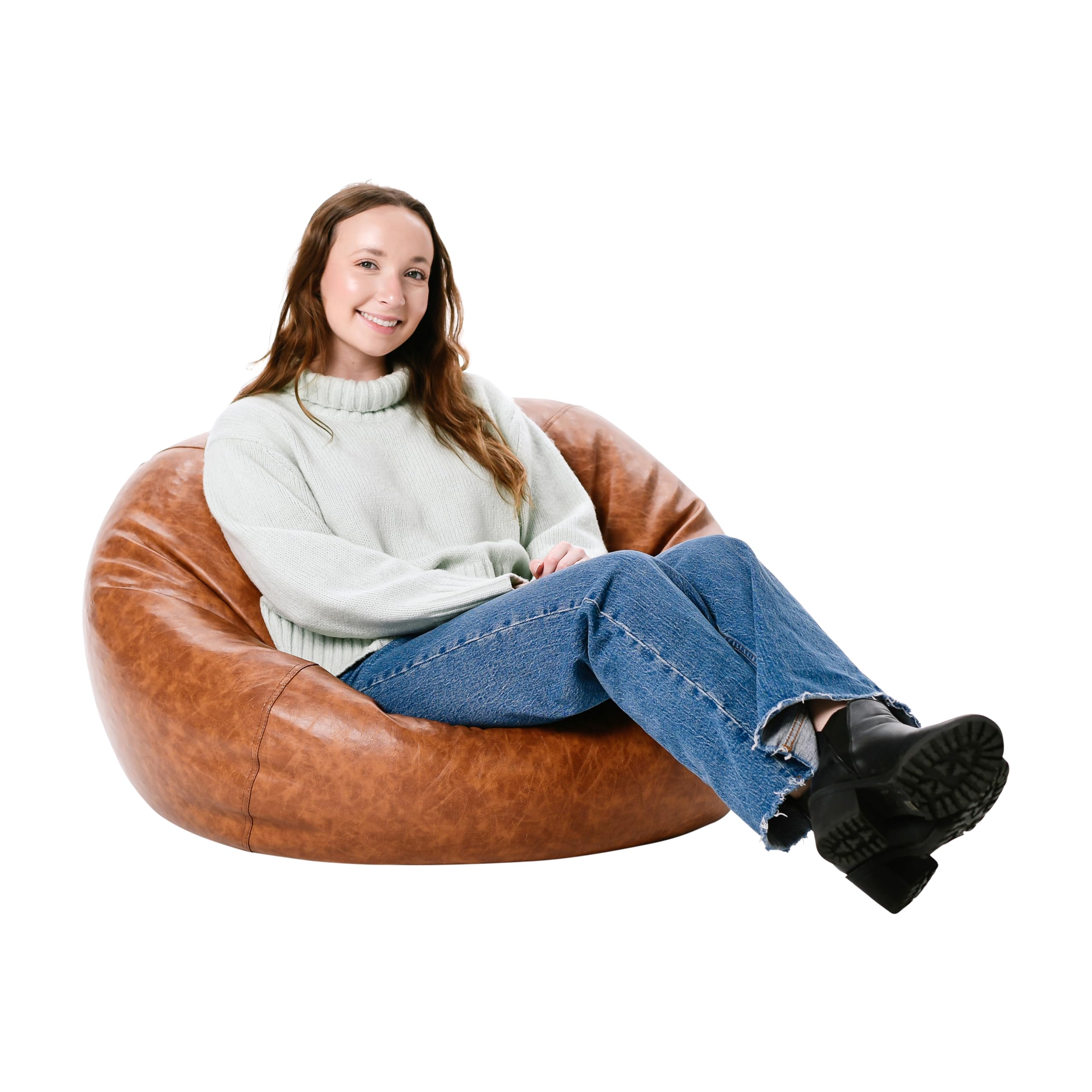 Factory Direct Partners 35" Rustic Western Bean Bag Chair Distressed Faux Leather, Low to Ground for Reading, Playing Video Games and Relaxing Flex