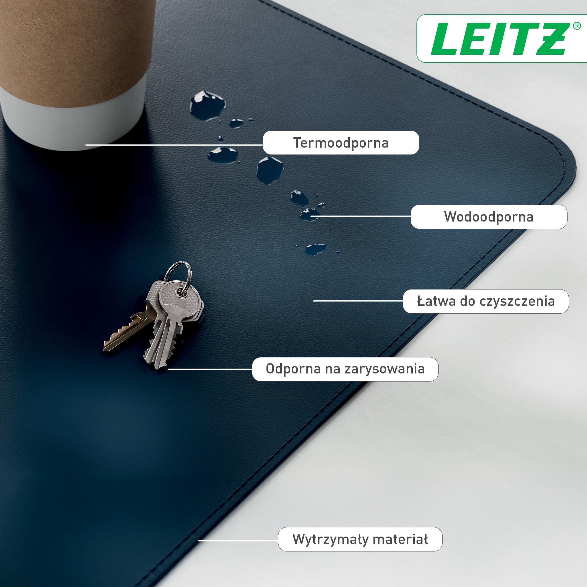 Duża mata Leitz na biurko – Łatwa do czyszczenia, wodoodporna mata ochronna pomaga utrzymać porządek na biurku, 80 x 40 cm, ciemnoniebieska