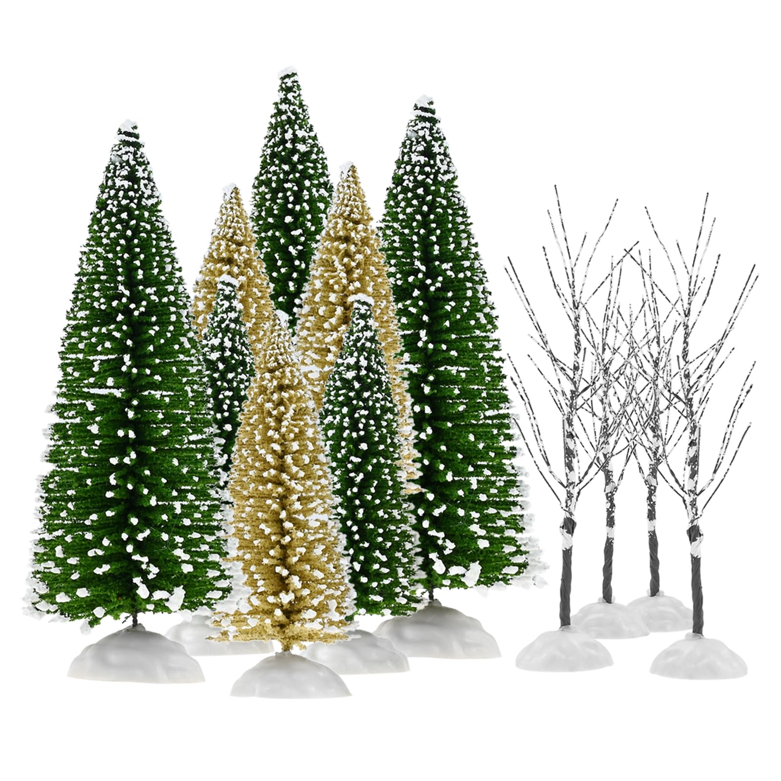 Yetaha 12PCS Mini Mixed Christmas Trees, Small Artificial Frost Trees with Bases, Miniature Green/Yellow Sisal Bottle Brush Tree for Tabletop Christmas Party Decoration DIY Crafts 13/15/18cm