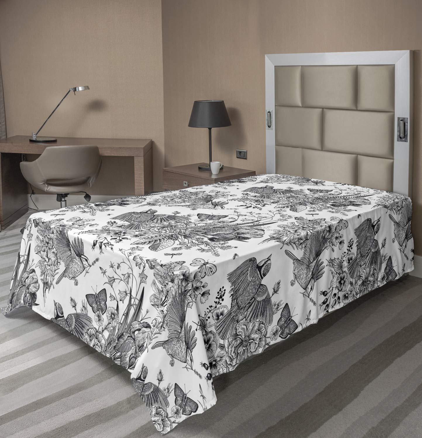 Ambesonne Floral Flat Sheet, Detailed Engraving Look Spring Sketch Butterfly Flowers Leaves Print, Soft Comfortable Top Sheet Decorative Bedding 1 Piece, TwinXL Size, Charcoal Grey and White