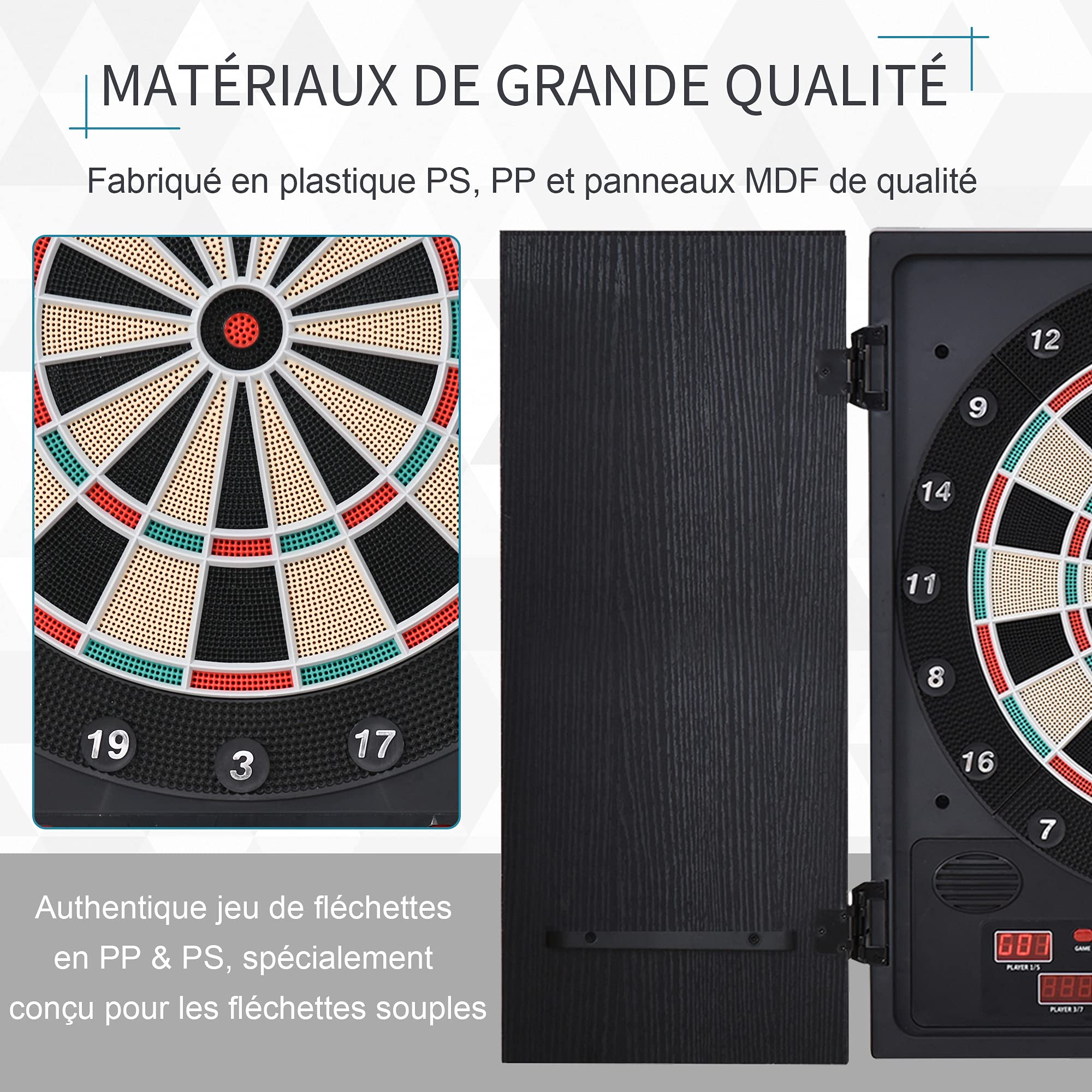 HOMCOM Cible Jeu de fléchettes électronique refermable 27 Jeux 202 Variations jusqu'à 8 Joueurs Affichage LED Haut-Parleur 12 fléchettes et 30 Pointes Souples de Rechange Noir