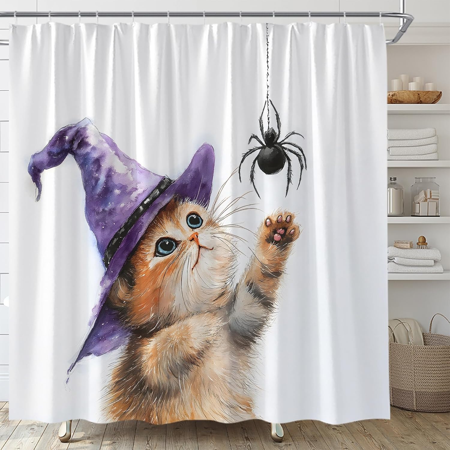 Funny Cat Shower Curtain Cute Magic Cat Spooky Halloween Horror Spider Bat Kids Fabric Bathroom Curtain Decor Bath Set with Hooks(70" Wx84 H)