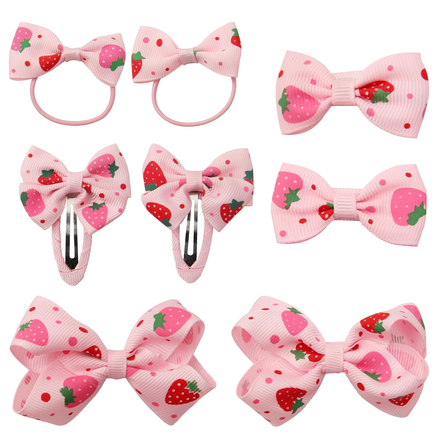 8PCS Strawberry Hair Clips and Ties, Pink Cute Hair Bow Barrettes