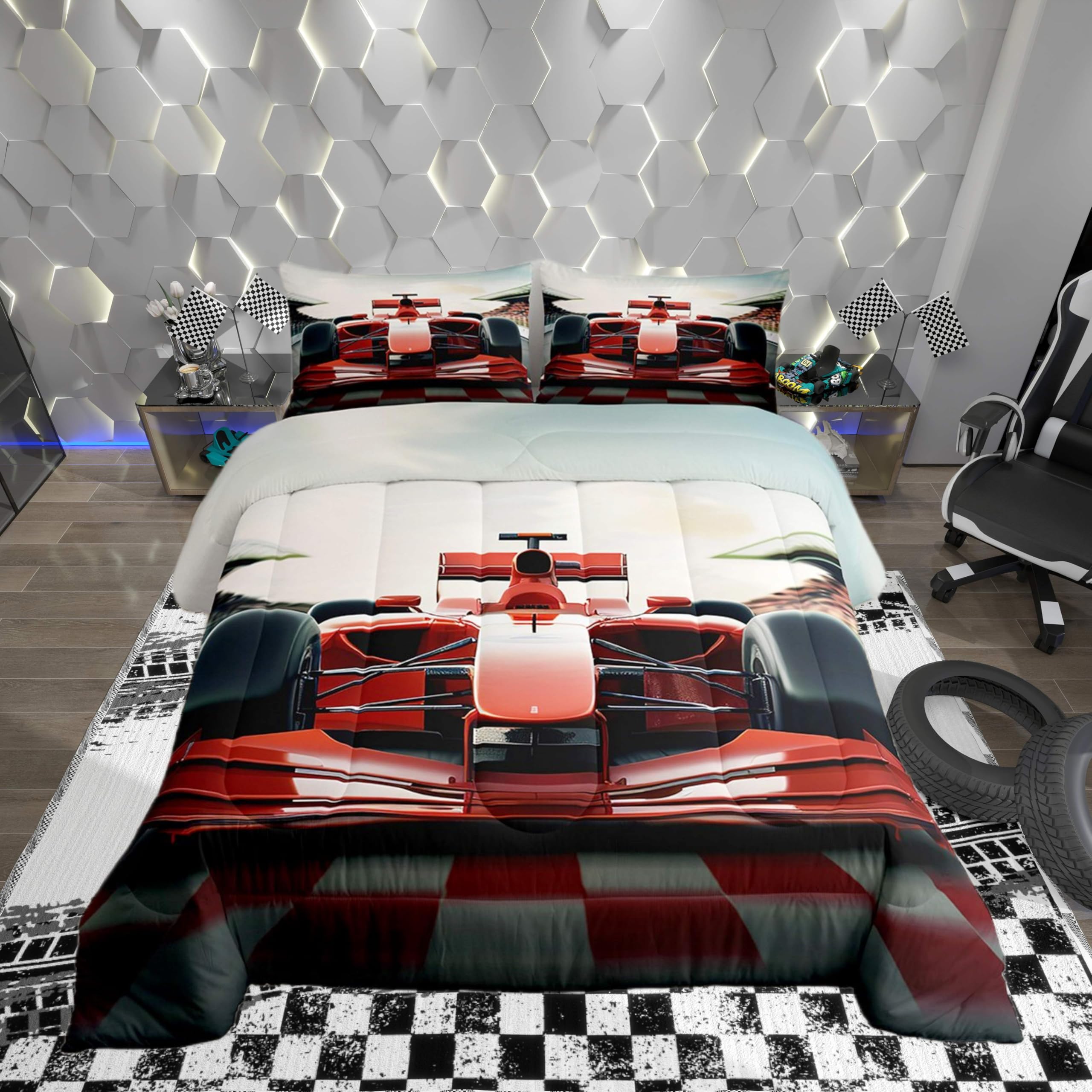 Manfei Cool Racing Car Boys Girls Comforter Set Full Size,3D Red Formula Car Duvet Set Teens Bedroom Decor,Racing Speed Sport Microfiber Soft Bedding