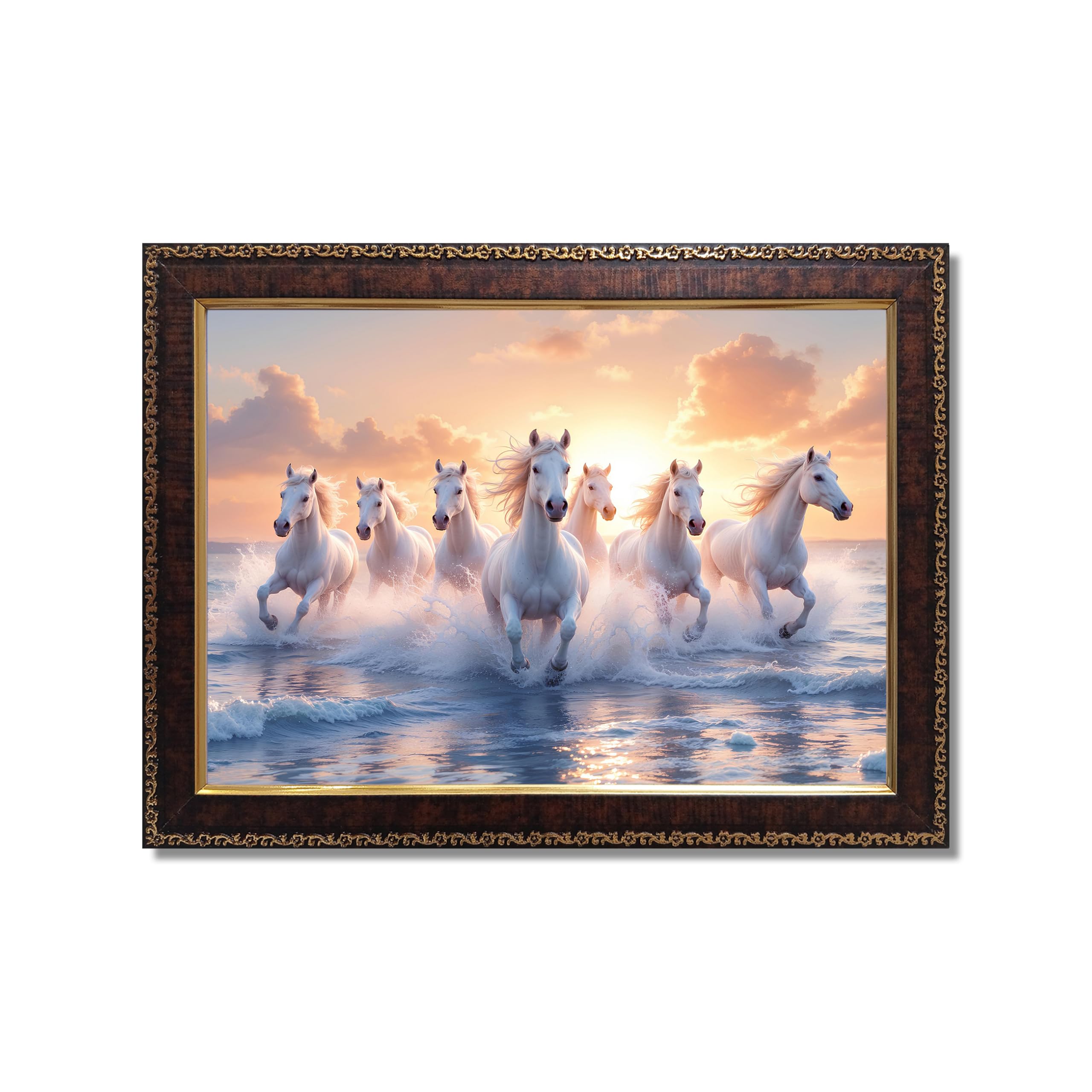 GlowArt – Seven White Running Horses on Water Painting Wall Art Frame | Synthetic Wooden Photo Frame for Home & Office Decor | Vastu Sunrise Wave Run Pattern | Positive Energy Wall Decor | A4 Size,Royal Heritage-image-13