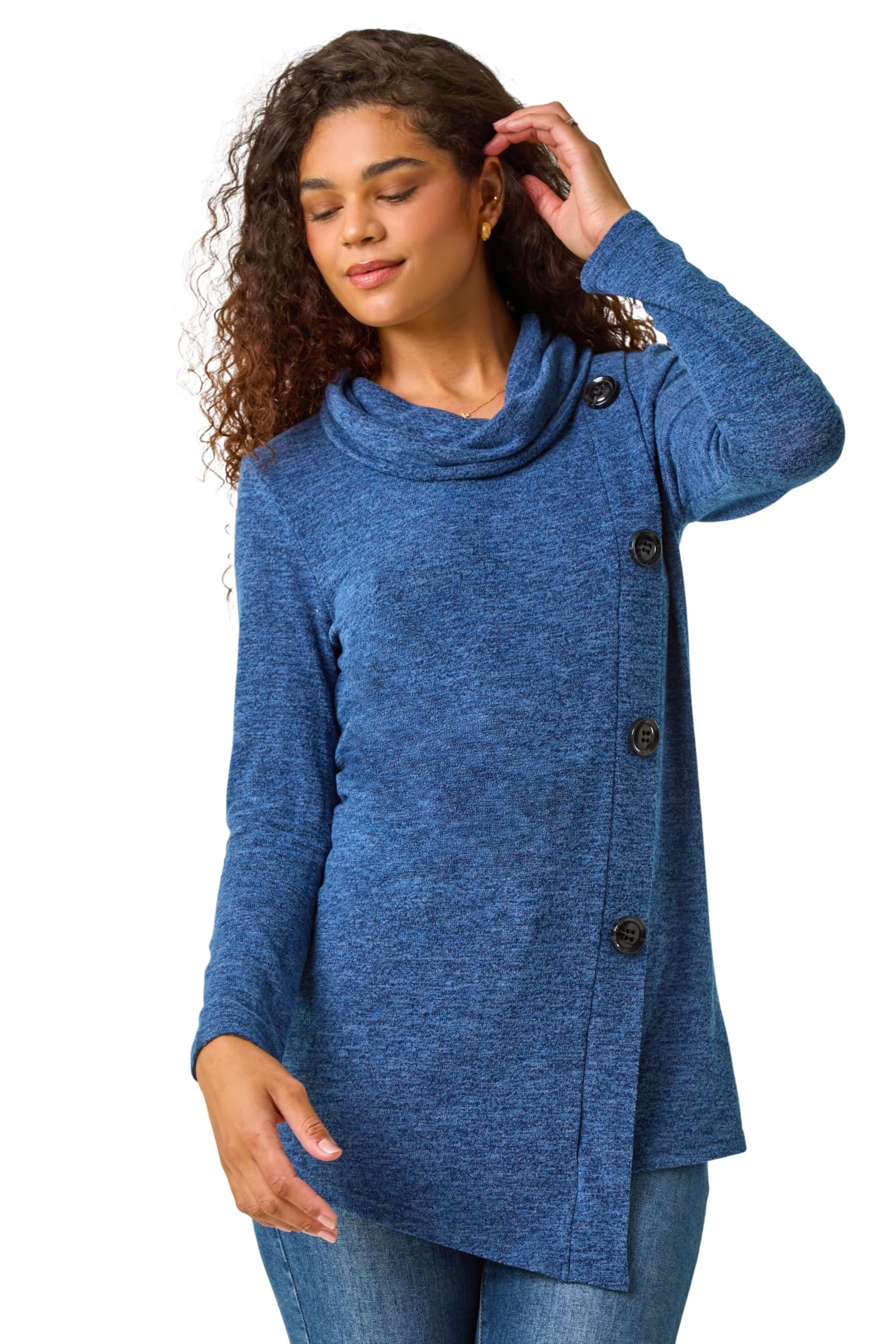 Roman Originals Cowl Neck Buttoned Top for Women UK - Ladies Everyday Autumn Winter Comfy Soft Evening Vacation Work Party Night Out - Blue - Size 18