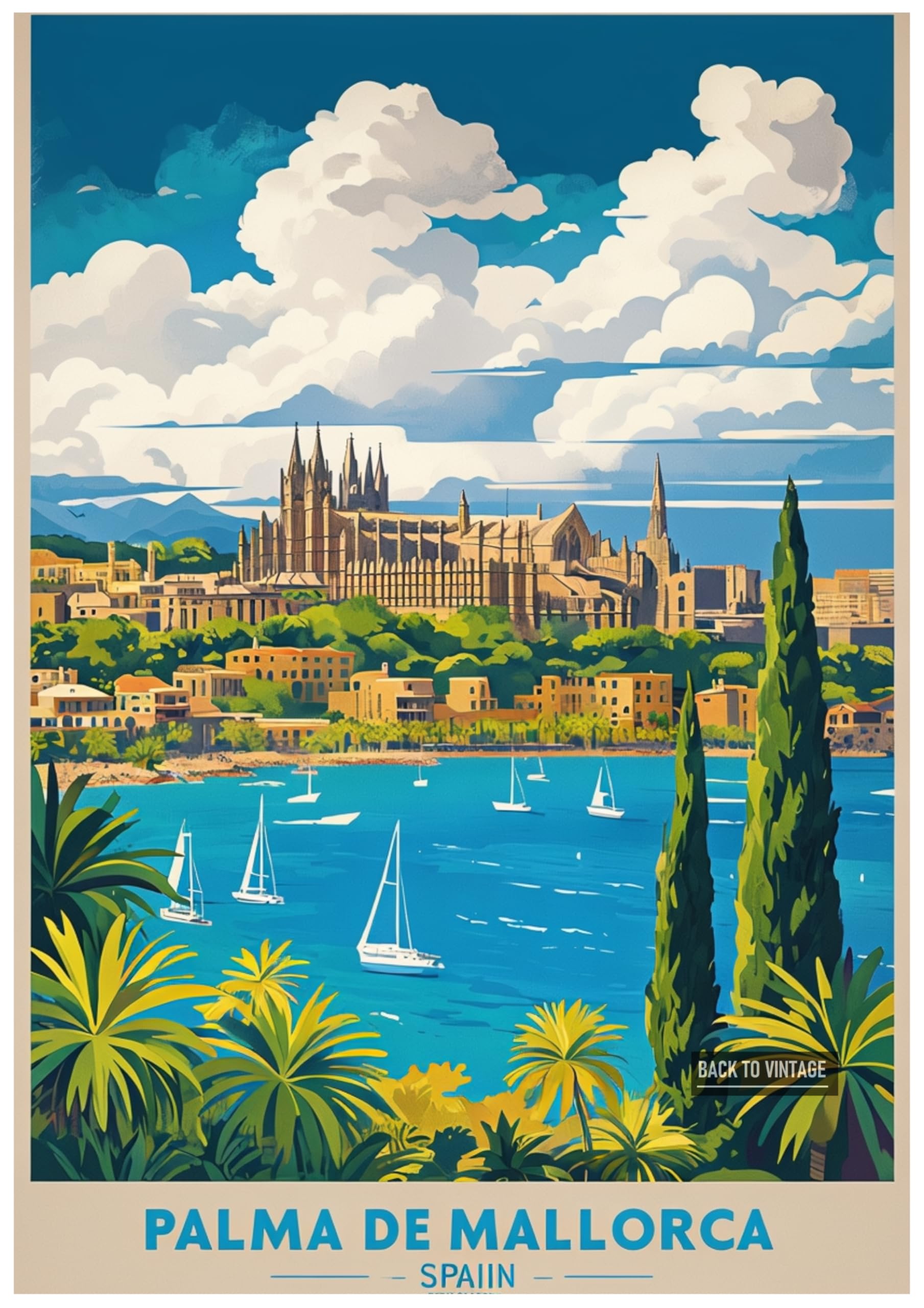 Vibrant Travel Poster Depicting Palma De Mallorca's Scenic Beauty - Retro Europe Travel Poster A4 Size Vintage Wall Art Print of Famous European Destinations Ideal for Home or Office Decor