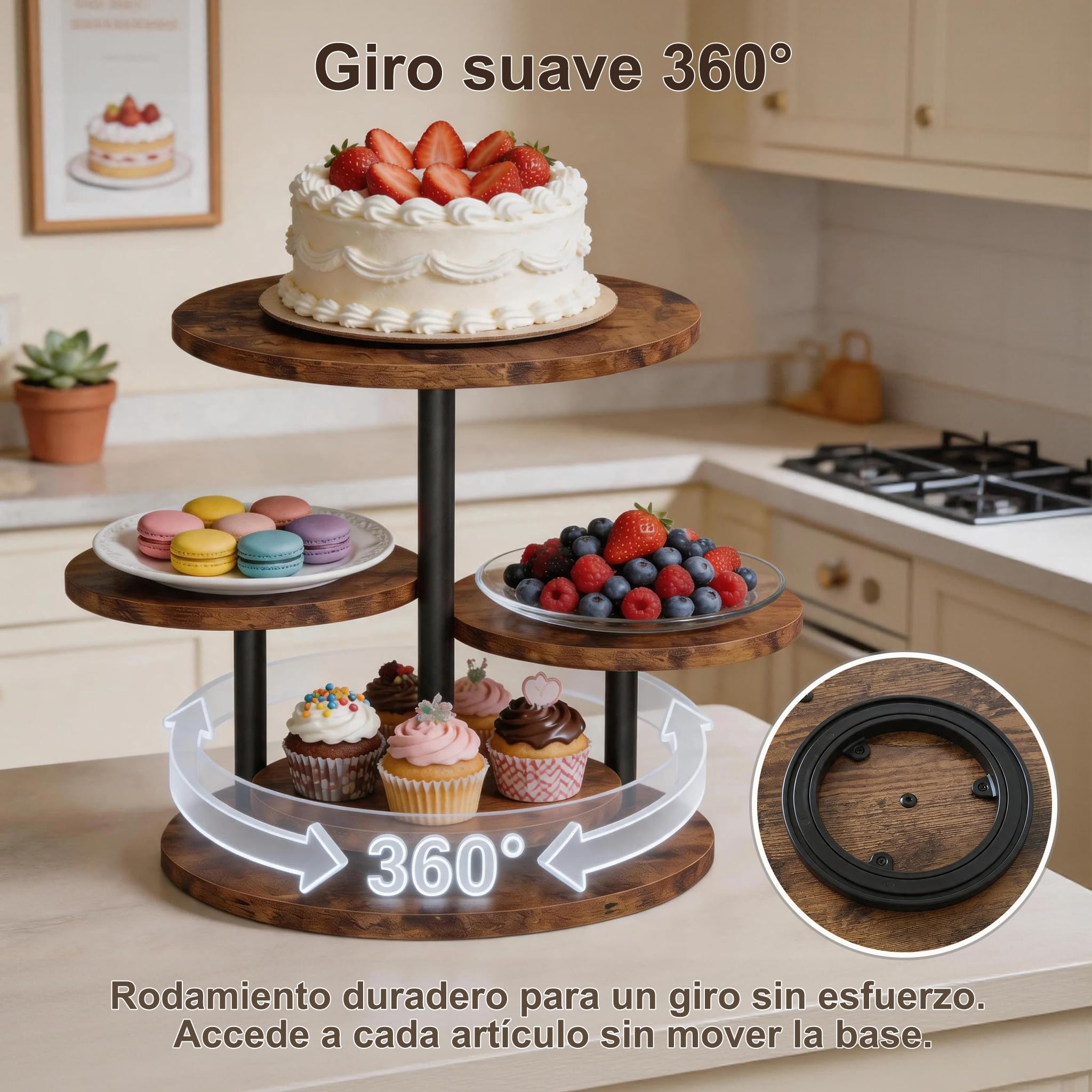 FUSHITON Soporte para Pasteles 4 Niveles Giratorio 360° en MDF con Revestimiento de Melamina y Metal, Exhibidor para Cupcakes, Tartas, Frutas, Plantas, Decoración, Altura 32,5 cm, Bandejas Ø30/20 cm