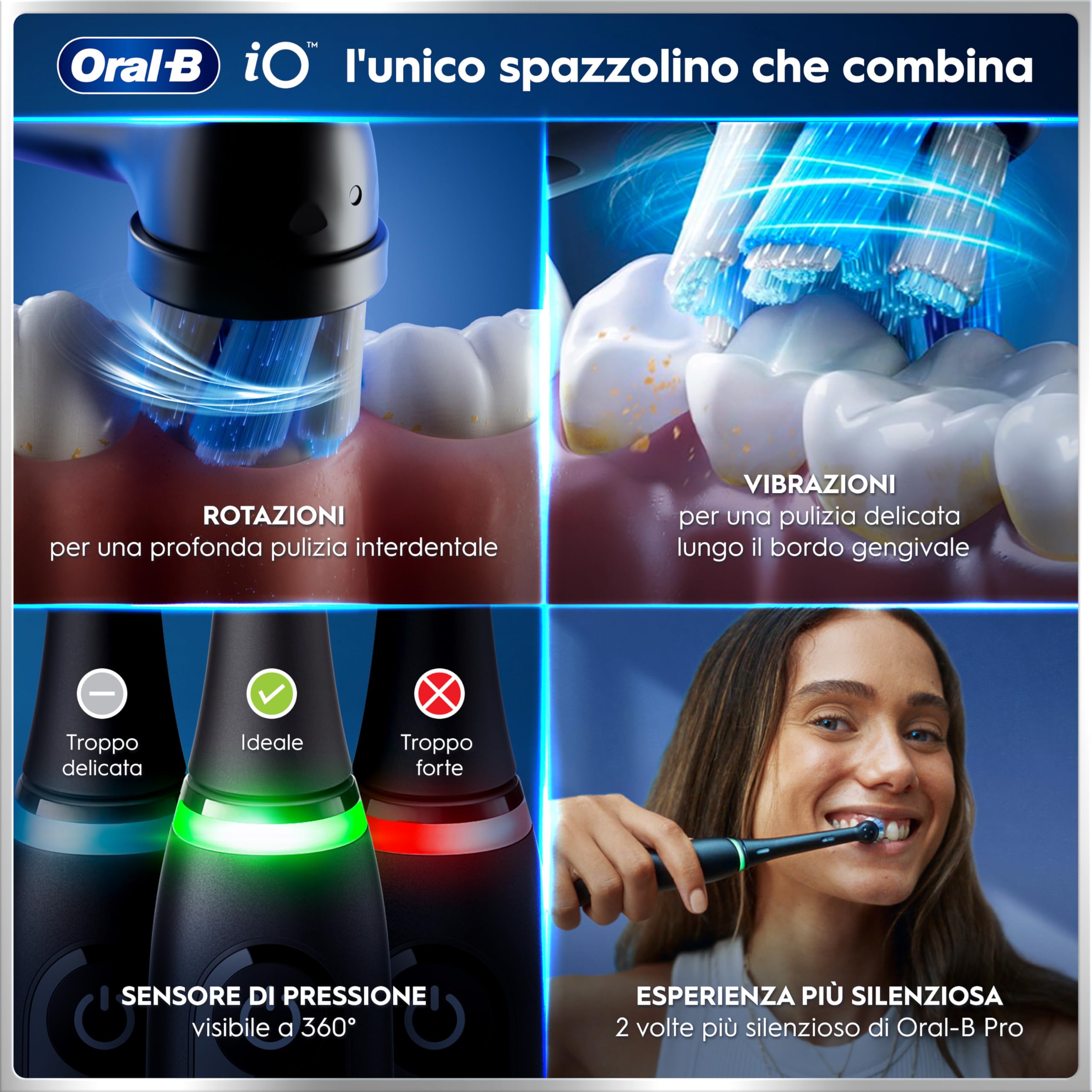 Oral-B iO 6 Spazzolino Elettrico, 3 Testine di Ricambio, Custodia, Nero - 3 Testine di Ricambio per Spazzolino Elettrico, Ricaricabile, Custodia Viaggio, Sensore di Pressione, Pulizia Denti Efficace