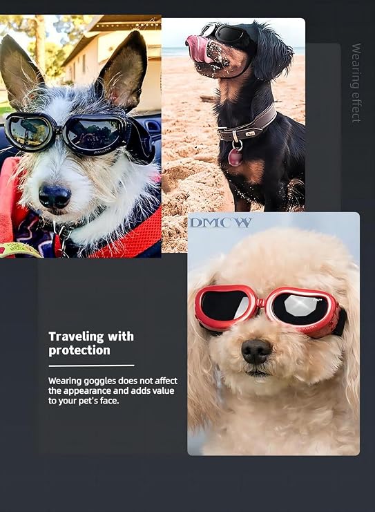 Dog Sunglasses for UV Protection, Wind Protection, Dust Protection, HD Impact Resistant Lenses and Adjustable Strap for Pets Like Small Dogs and Cats.