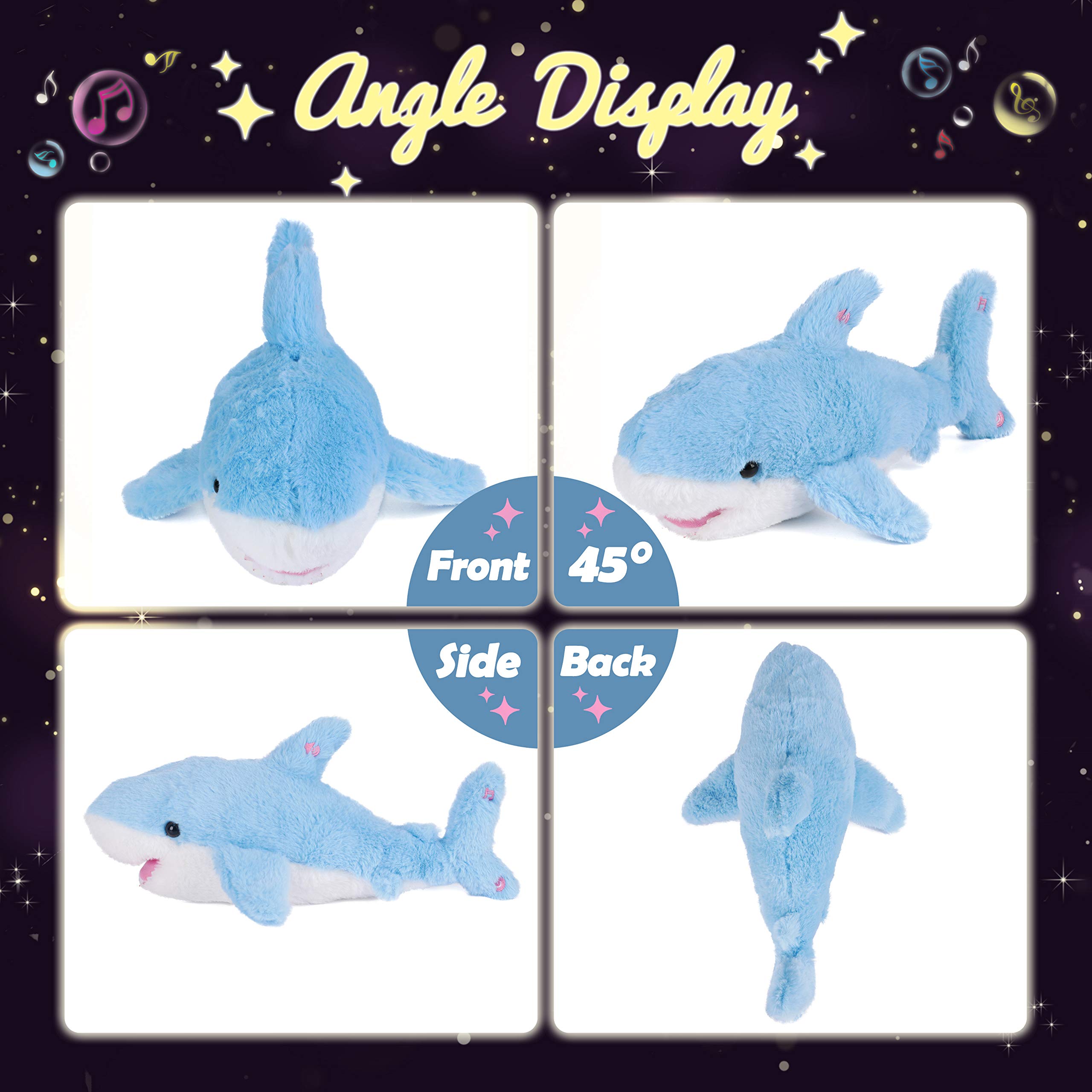 Hopearl Requin Musical Peluche Lumineuse LED Qui Chante Volume Réglable, Veilleuse Animée Apaisante - Cadeau Anniversaire Fête pour Enfants Filles, Bleu, 28cm