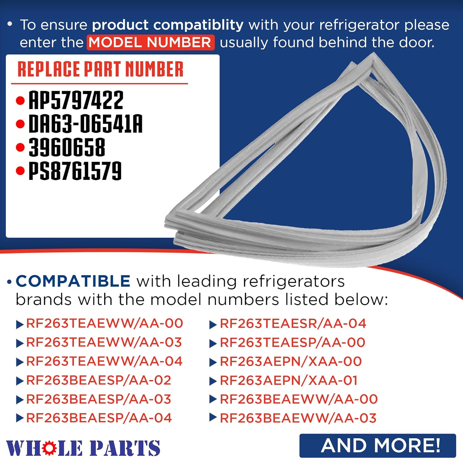 Upgraded Whole Parts Refrigerator Freezer Door Seal Gasket, (Magnetic Strip Inside), Single Piece, Part# DA63-06541D - Replacement & Compatible with Some Samsung Refrigerators