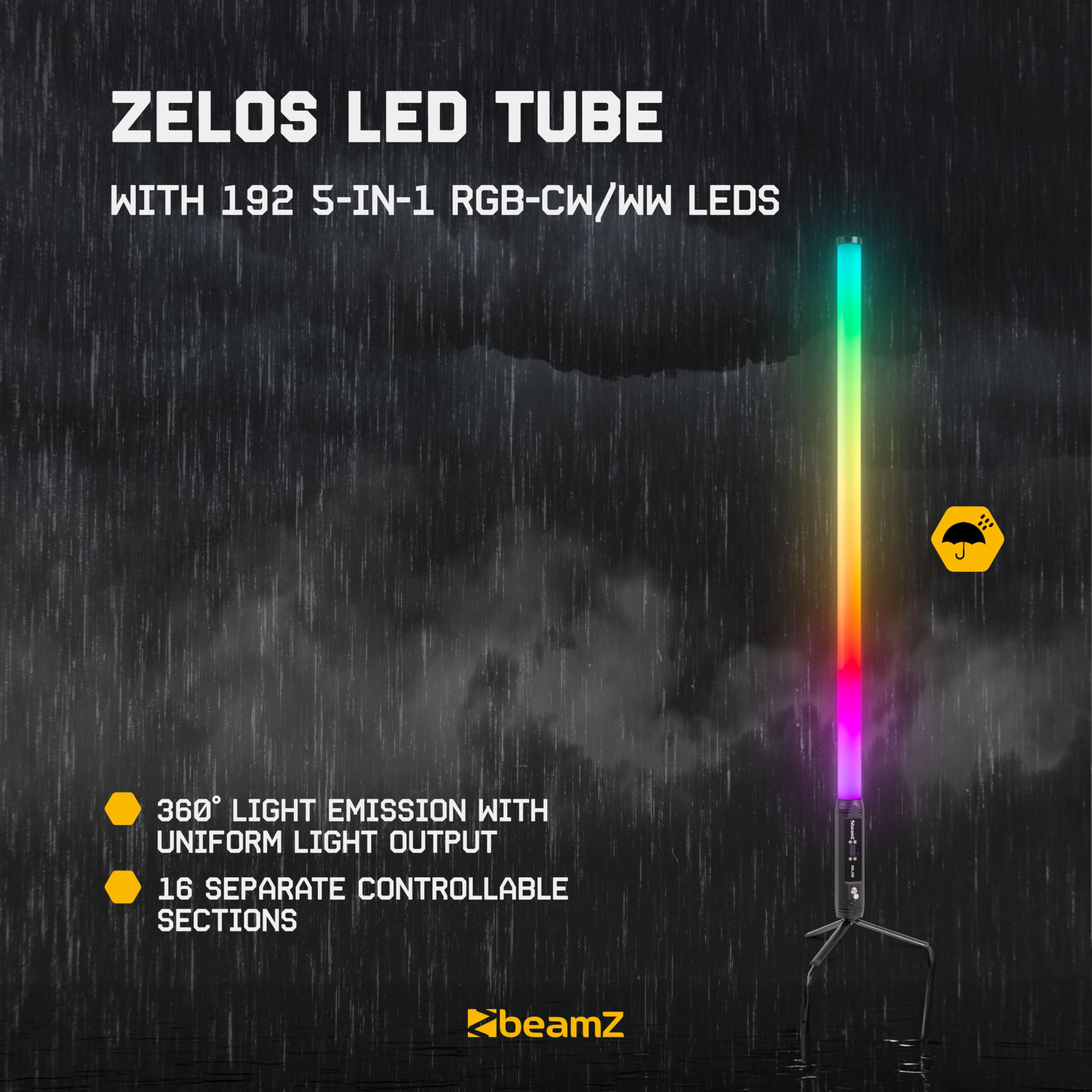 BeamZ Zelos - Akku LED Bar, Tube mit 360° RGBW, IP65 Wetterfest, 12h Akkukapazität, Bühnenlicht, Wireless DMX – Lichtorgel Musikgesteuert – LED Stehlampe für DJ Lichteffekte Partybeleuchtung