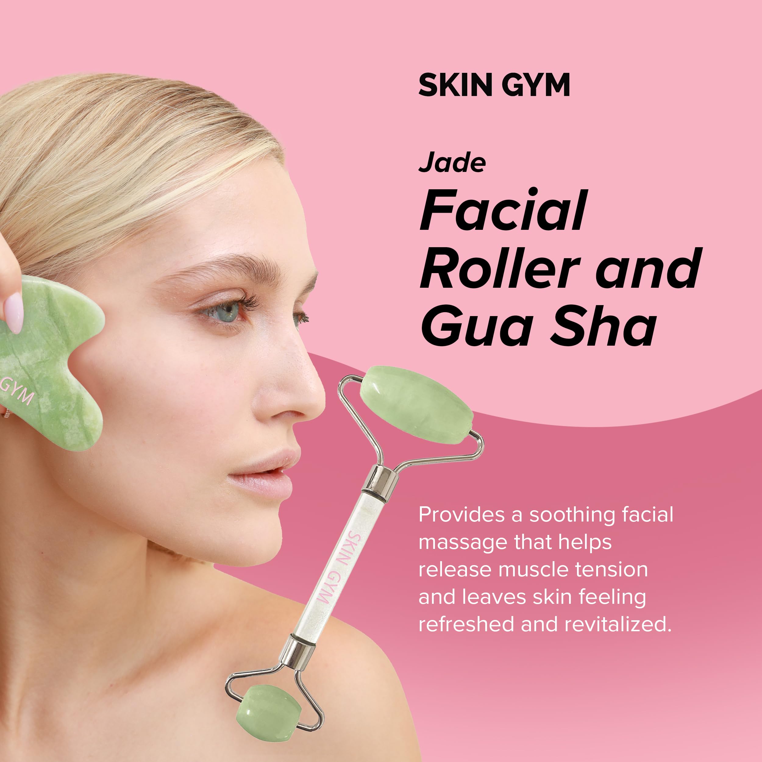 Skin Gym Jade Facial Roller & Gua Sha Tool Workout Set, Revitalizing Skincare for Enhanced Glow & Smooth Skin