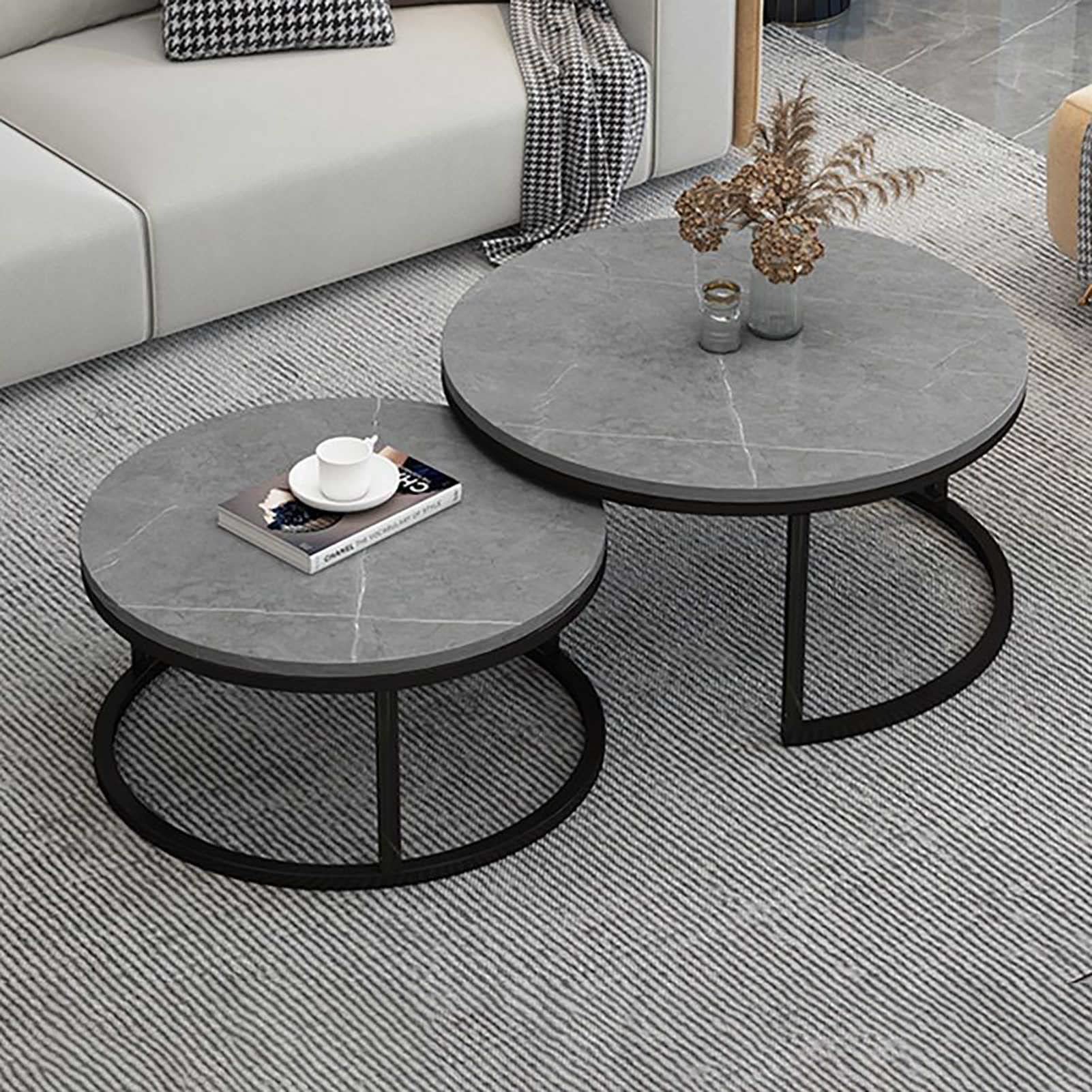 Klydbmyt Modern Marble Nesting Coffee Tables Set Of 2 With Drawer Storage And Metal Frame Stylish Living Room Furniture Set For Decor And Multipurpose Use