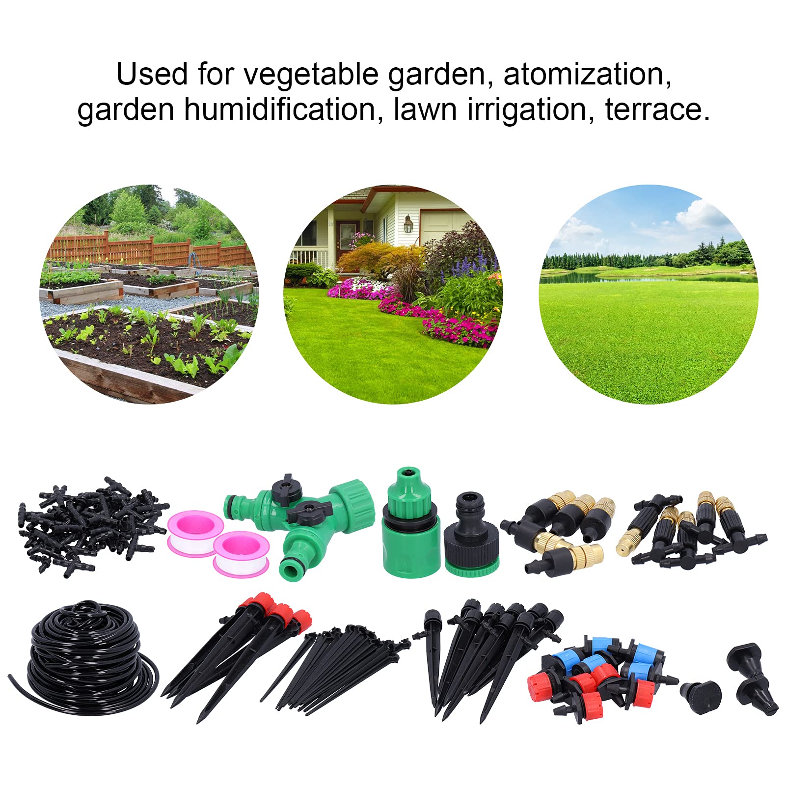di irrigazione da giardino 25M, kit di irrigazione a goccia con ugelli regolabili, attrezzatura per irrigazione per orto, prato, terrazza, include 35 T, 10 gomiti, 20 inserti a