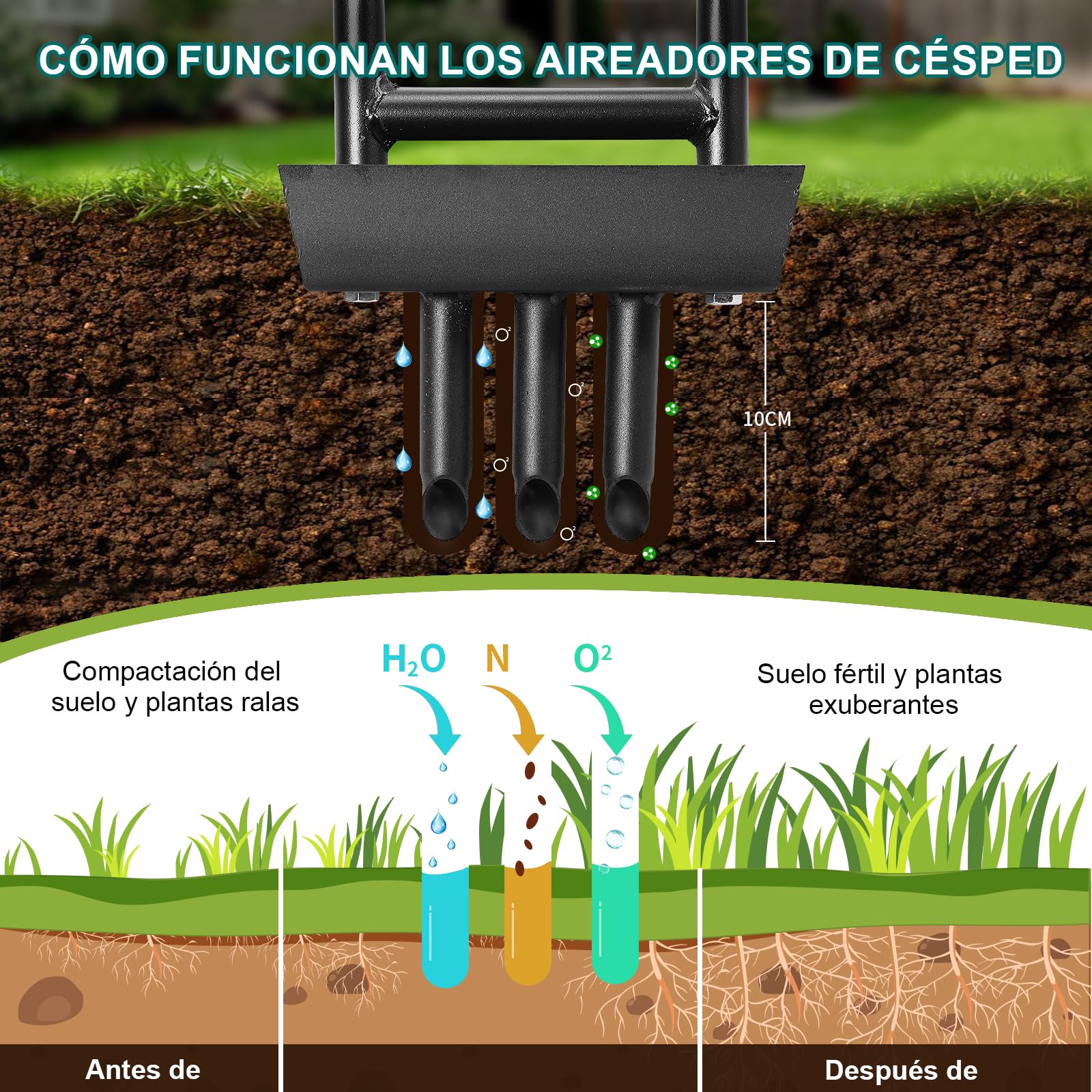 HYCHIKA Aireador de Césped, Aireador de Púas Huecas con 3 Púas Huecas, Caja de Recogida de la Columna de Tierra, Mango en T, Herramienta Manual de Aireación de Césped para Jardín, Cuidado del césped