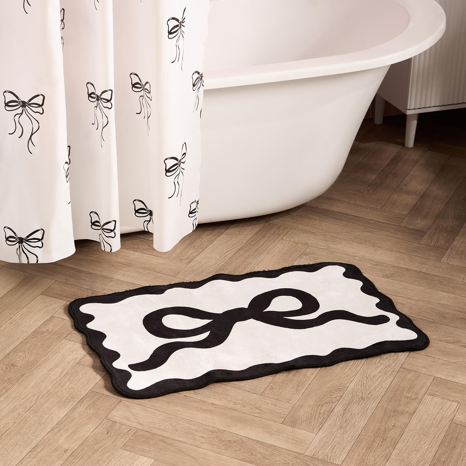 OHS Bow Bathroom Mat, Soft Absorbent Non-Slip Cute Velvet Bath Mat Decorative Comfy Quick Drying Tufted Bath Mats for Bathroom Floor Machine Washable Shower Rug Foot Mats, Monochrome