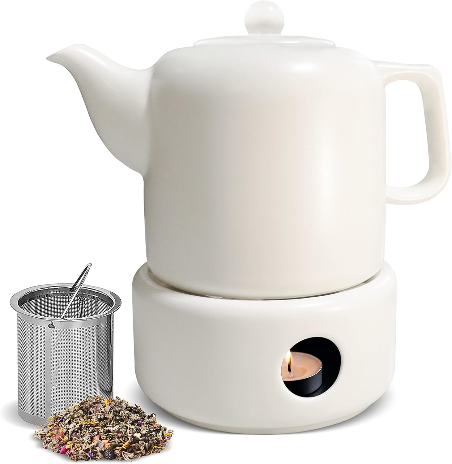 BIROYAL Ceramic Teapot with Teapot Warmer (1.1L), White Teapot with