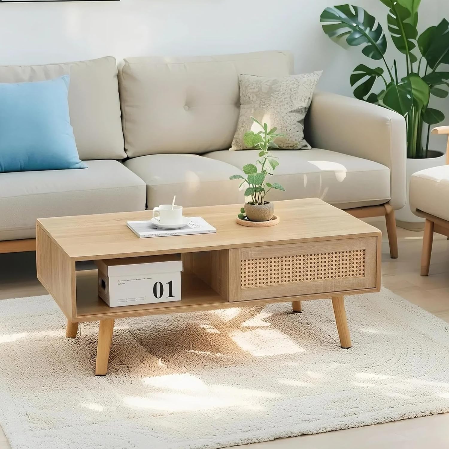 41.34‘’ Rattan Coffee Table with Storage, Boho Coffee Table with Sliding Rattan Door Panel and Solid Wood Legs, Oak Small Coffee Tables, Space Saving Design for Living Room, Apartment