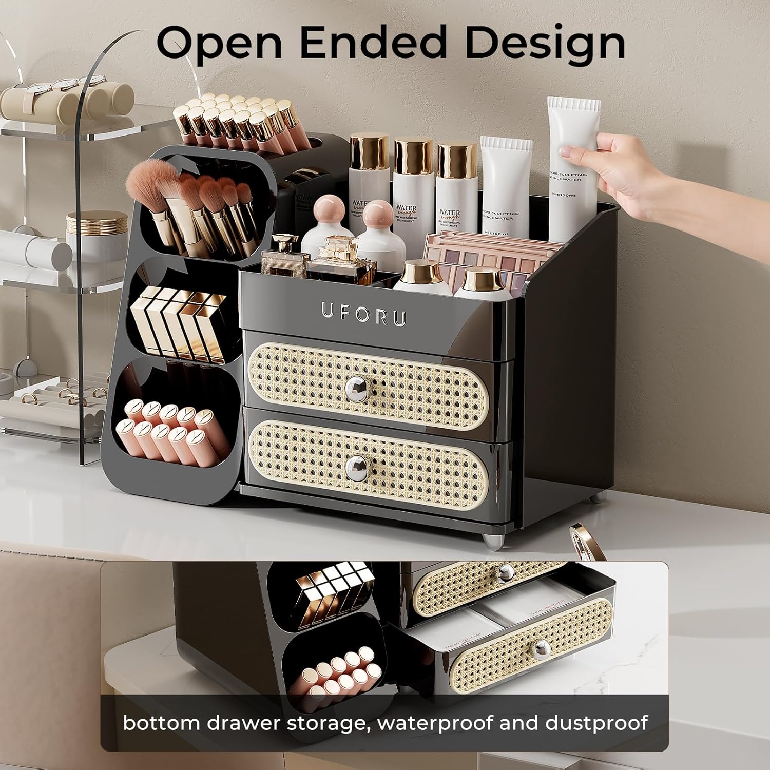 Makeup Organizer for Vanity with Brush Holder, Large Plastic Bathroom Countertop Skincare Organizer with 2 Drawers, Spacious Cosmetic Display Case for Perfumes, Eyeshadow Palettes, Nail Polishes