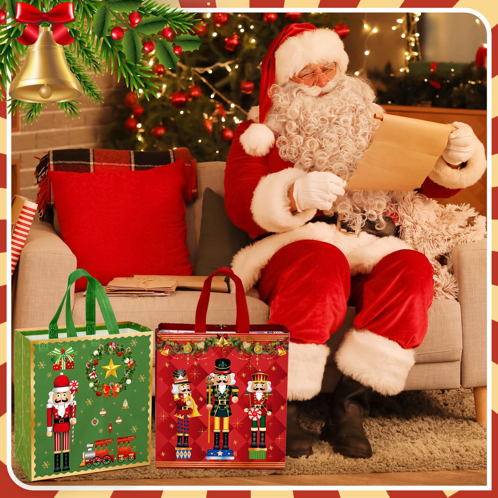 Wesnoy Weihnachtliche Nussknacker-Tragetaschen, Geschenktüten, Großpackung, Weihnachten, Vlies, wiederverwendbar, mit Griffen, für Urlaub, Weihnachten, Party, Neujahr, Einkaufen, 29 x 27 x 12 cm, 48