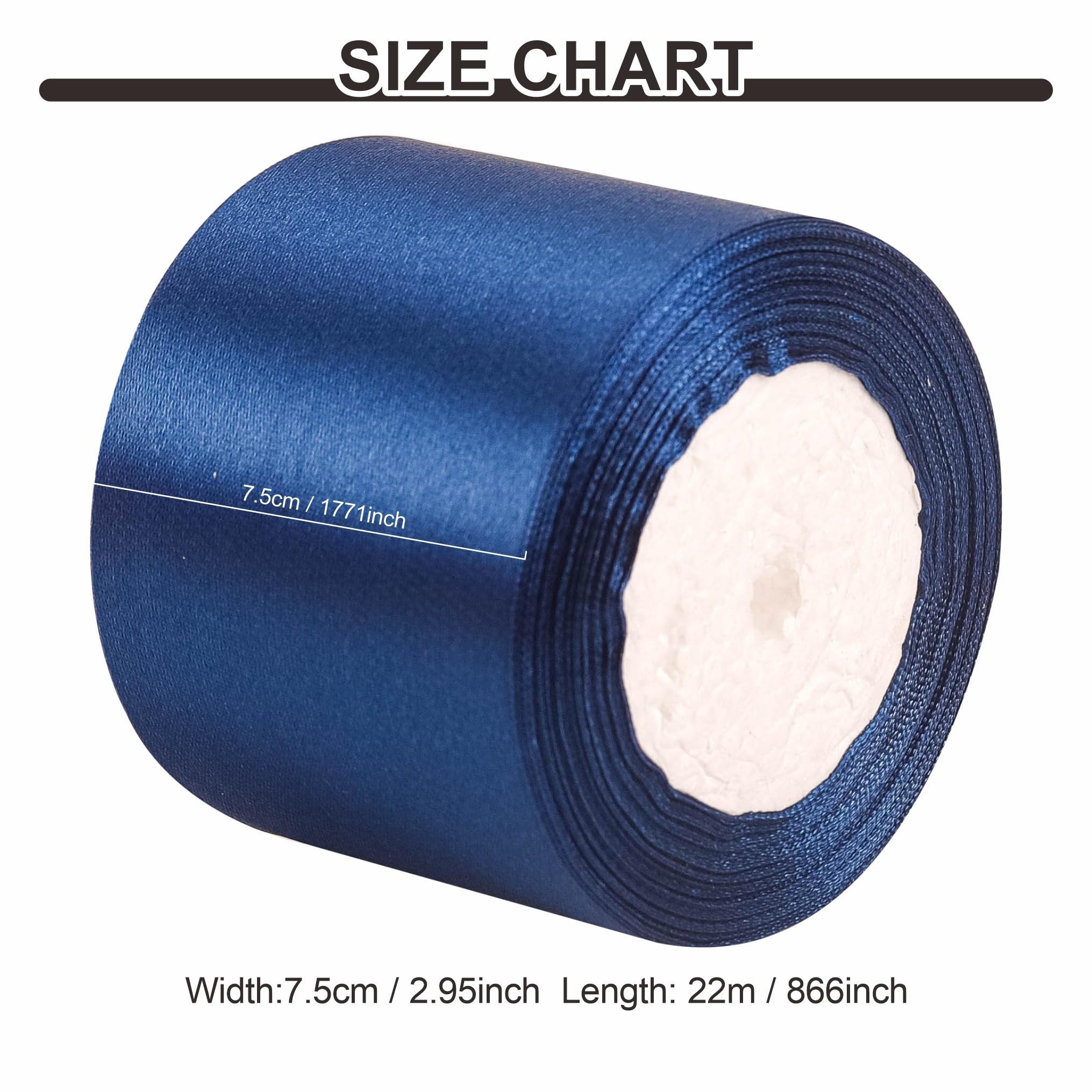 75mm Wide Dark Blue Solid Satin Ribbon for Gift Wrapping 22M,Silk Thick Ribbon Polyester Ribbon 75mm for Crafting Christmas,Hair Bows - Image 3
