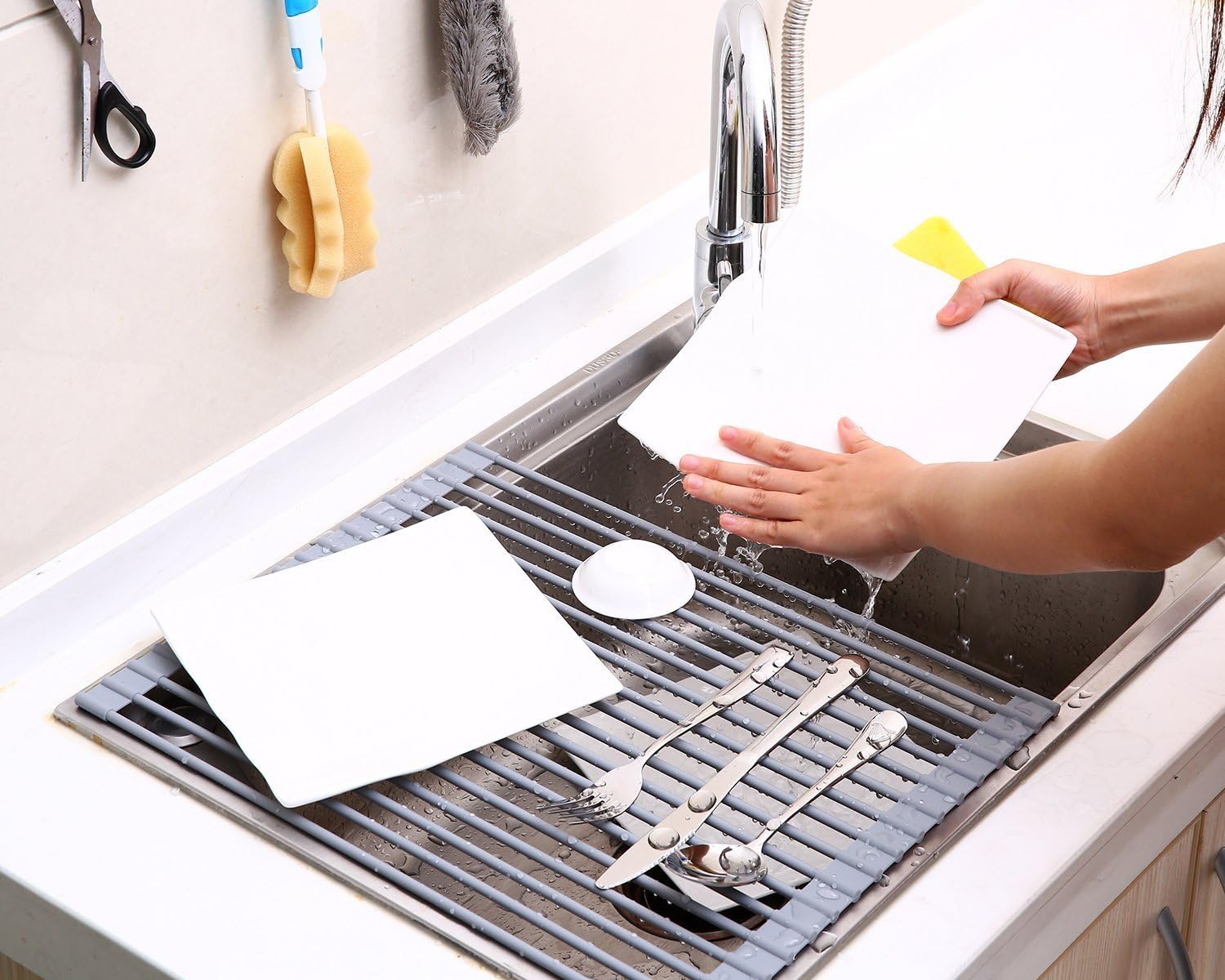 Silicone Over Stainless Steel Multipurpose Roll-Up Dish Drying Rack - Gray