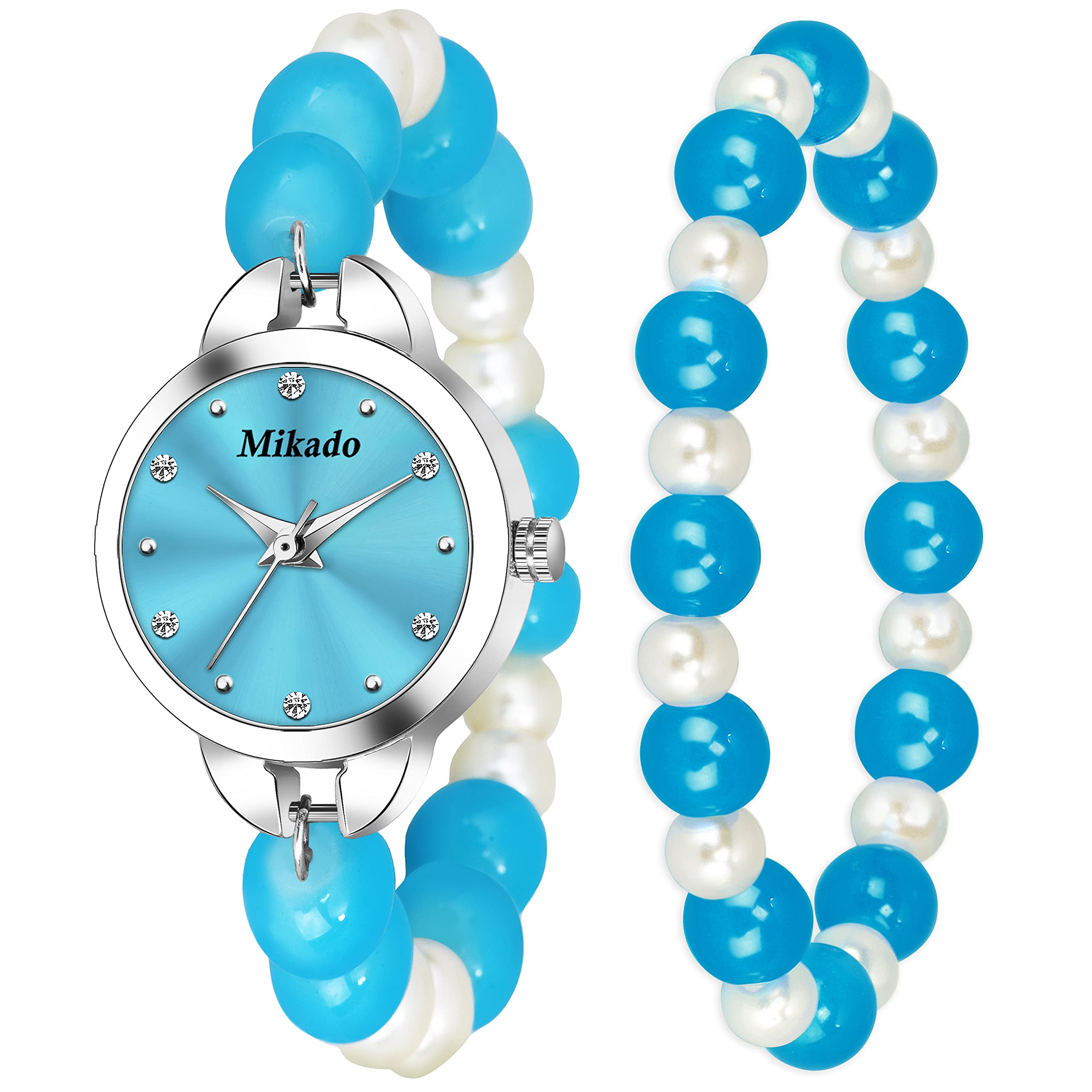 Mikado Blue Dolly Charming Crystal Pearls Beads Strap Analog Watch and Charm Bracelet Set for Women Analog Watch - for Women (B09B7S6QYK) Amazon Price History, Amazon Price Tracker
