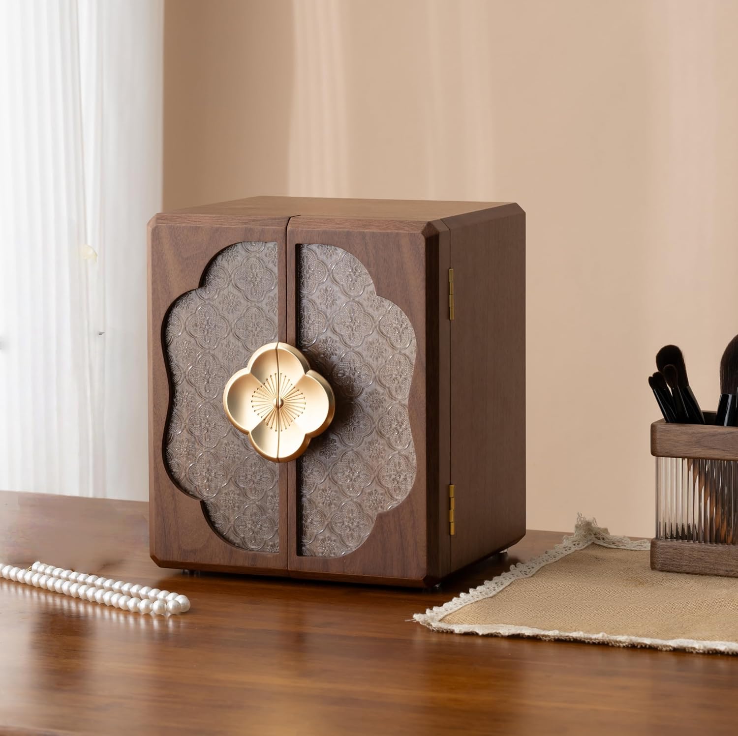 Double Door Black Walnut Jewelry Box, Gold Quatrefoil Handle & Magnetic Closure, for Necklaces, Rings, Earrings - Gift for Wife, Mom, Bride, Mother's Day, Valentine's Day, Wedding, Anniversary