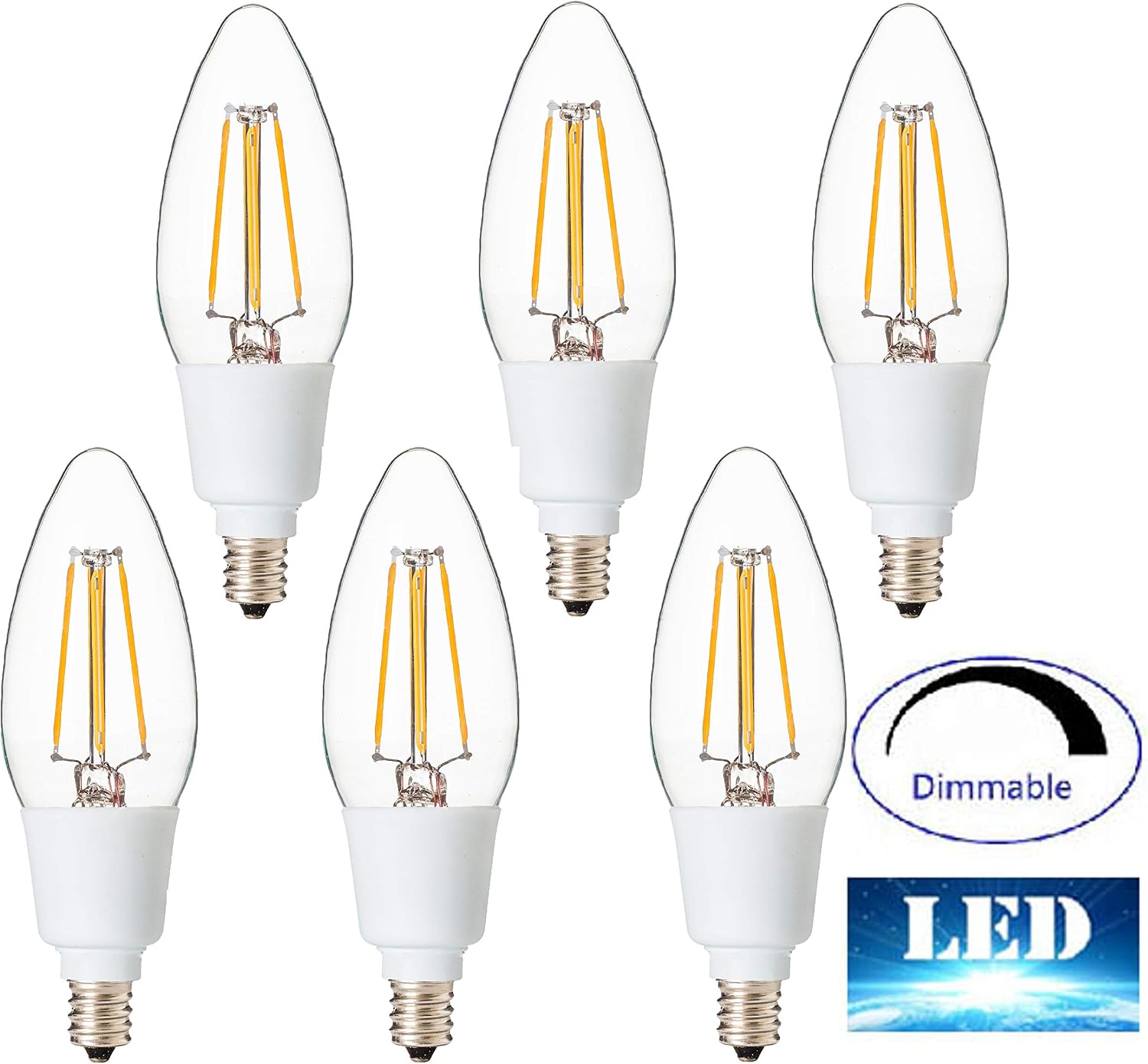 Artiva USA L2A-4TDM-E12-27-6 Dimmable LED 2700K Warm Light Fine Tip Bulb (6 Pack), 1.38" x 1.38" x 4.65", Chrome/Clear