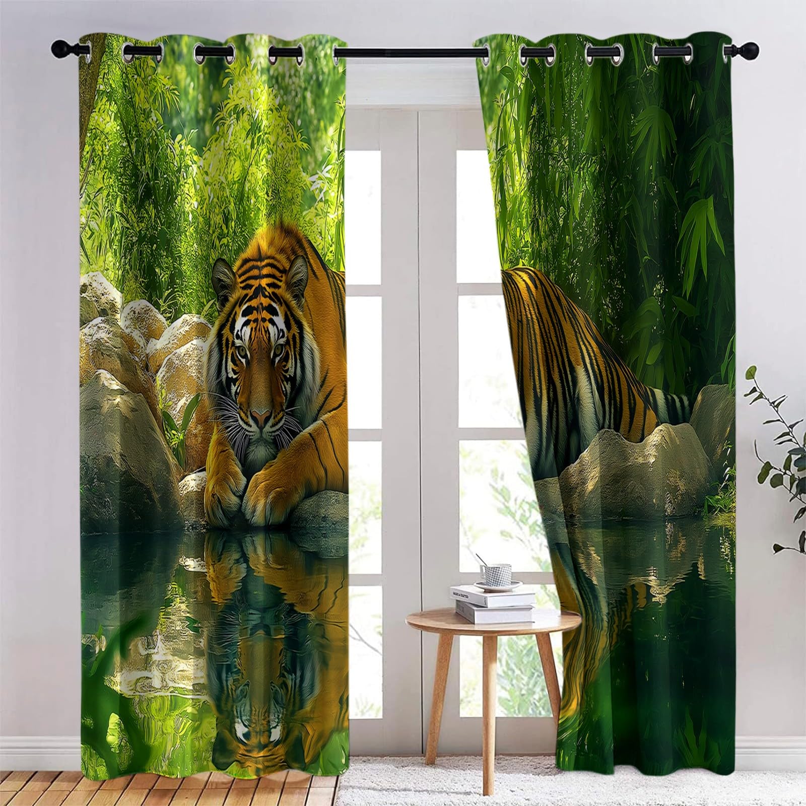 2 panele Zasłony zaciemniające 110 x 215 cm, tygrysie lasy z nadrukiem z oczkami dla dziewczynek chłopców do salonu, dekoracja sypialni, miękka i odporna na zmarszczki, zielona