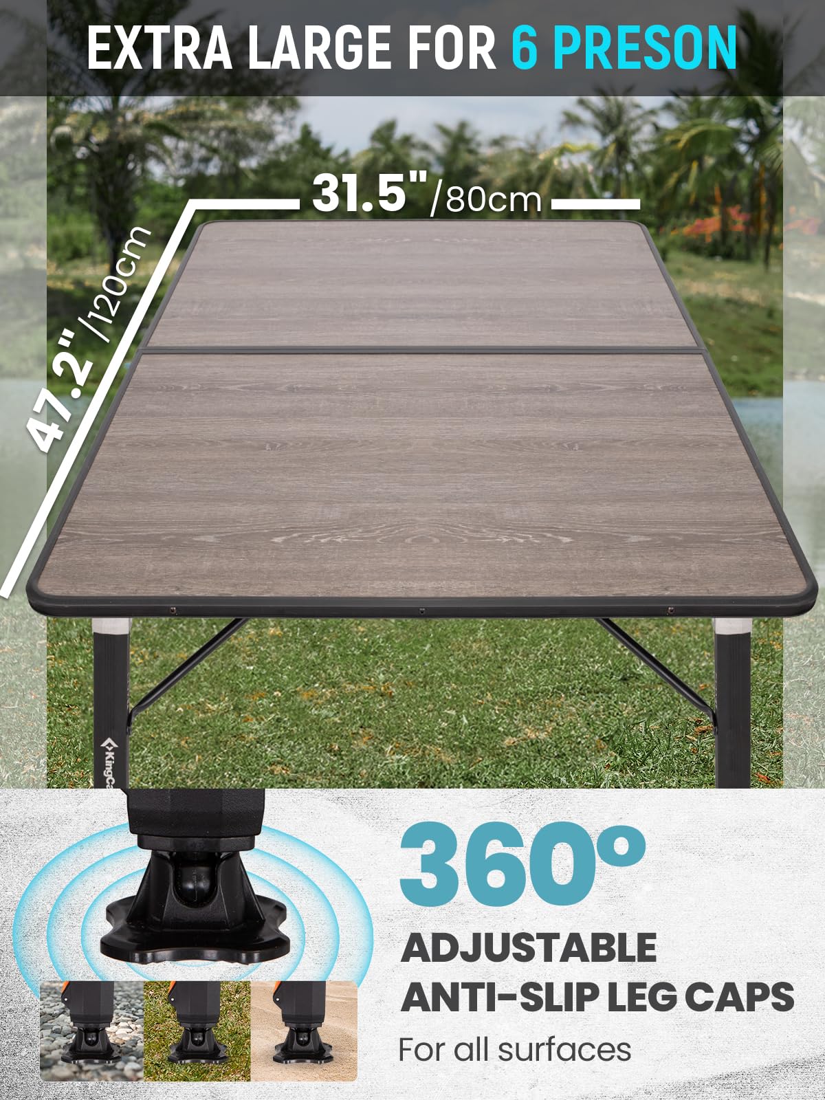 KingCamp Großer Outdoor-Klapptisch mit Glasfaserplatte, Ultraleicht & flexibel höhenverstellbar (42–70 cm), robuster Alurahmen, ideal für Camping, für 4–6 Personen, Tragkraft bis 80 kg