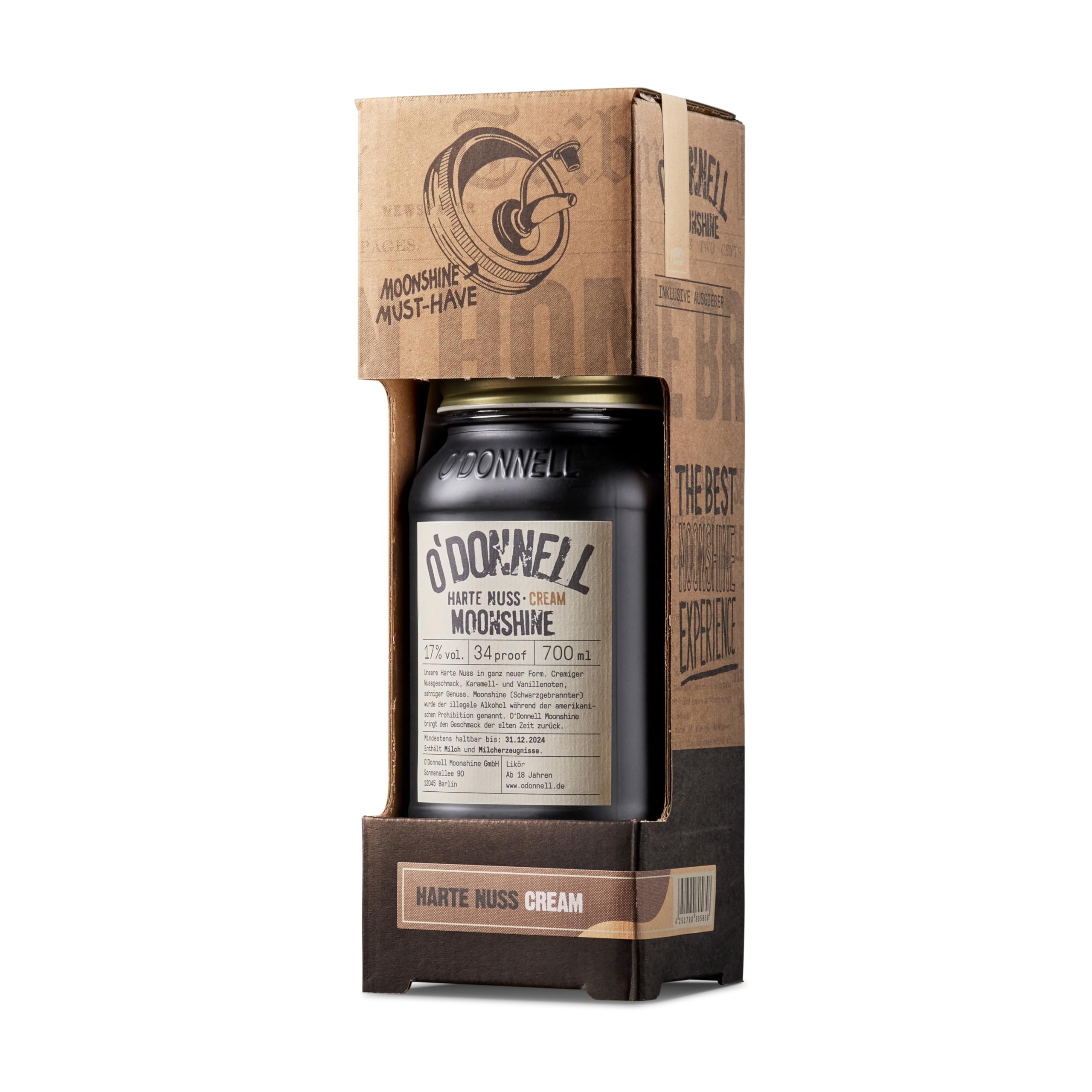 O'Donnell Haselnuss Cremelikör Set + Ausgießer (Made in Berlin) Harte Nuss Creme Moonshine (700ml) mit Haselnuss & Vanille Geschmack – 17% Premium Likör im Original Mason Jar (Geschenkset)