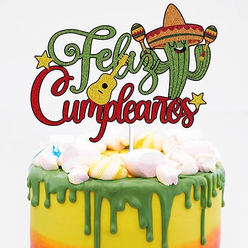 Cactus Feliz Cumpleaños - Decoración para tartas verde y rojo con purpurina mexicana, feliz cumpleaños, fiesta temática española, suministros de