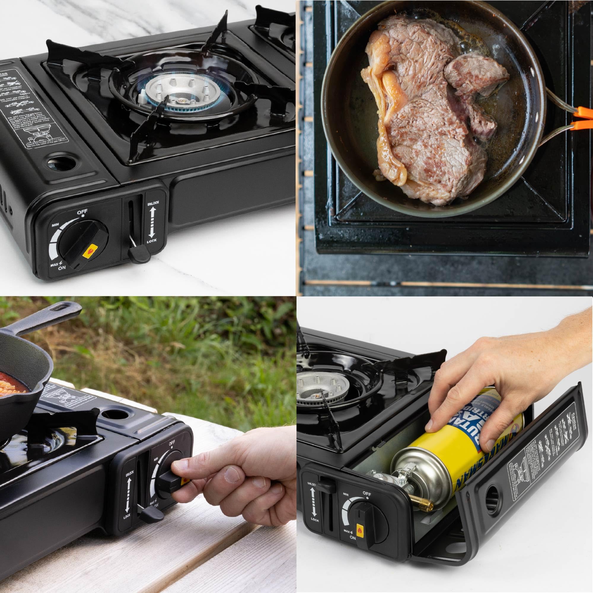 BLOSTM Réchaud à gaz portable de camping – Réchaud de camping à brûleur unique avec système d'allumage automatique, contrôle de la température, utilisation avec butane ou GPL, petite plaque de cuisson