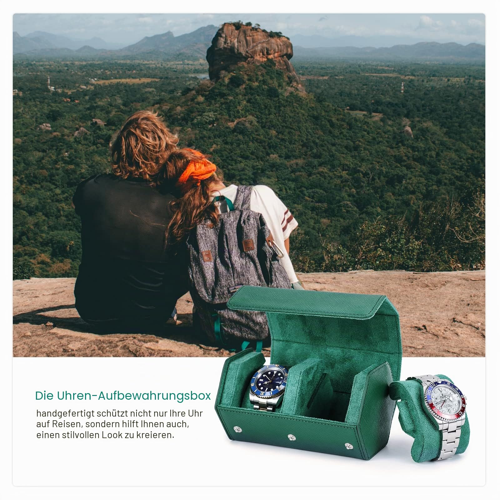 Hiram Uhren-Reiseetui, echtes Leder, sechseckig, 2 Uhrenrollen, Aufbewahrungsbox, schützender Organizer für Armbanduhren (grün)