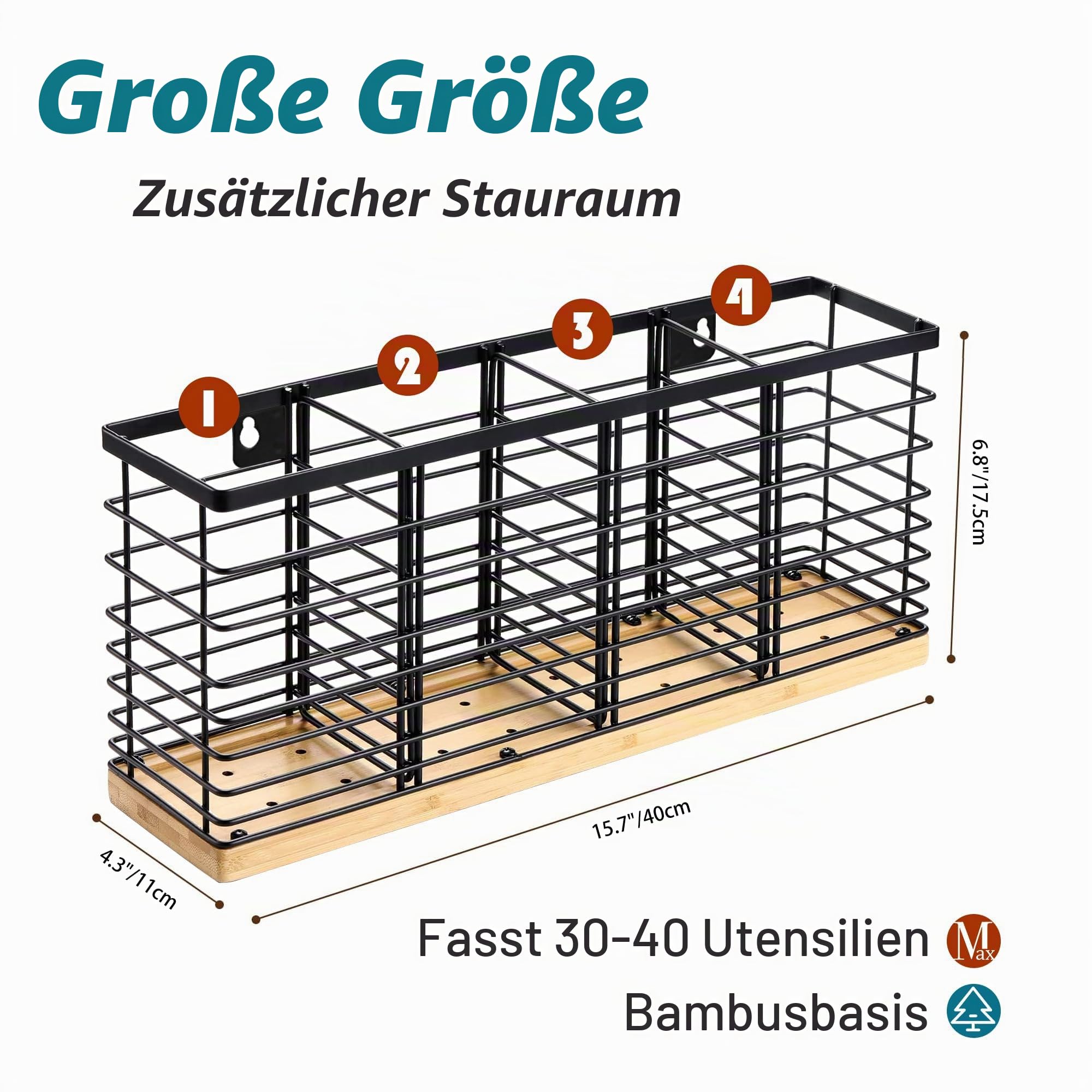 Suli Extra großer Küchenutensilienhalter mit 4 Fächern, mattschwarzer Metallhalter mit Holzsockel für Küchenarbeitsplatte, Bauernhaus-Kochutensilienaufbewahrung, rustikale Kochutensilien