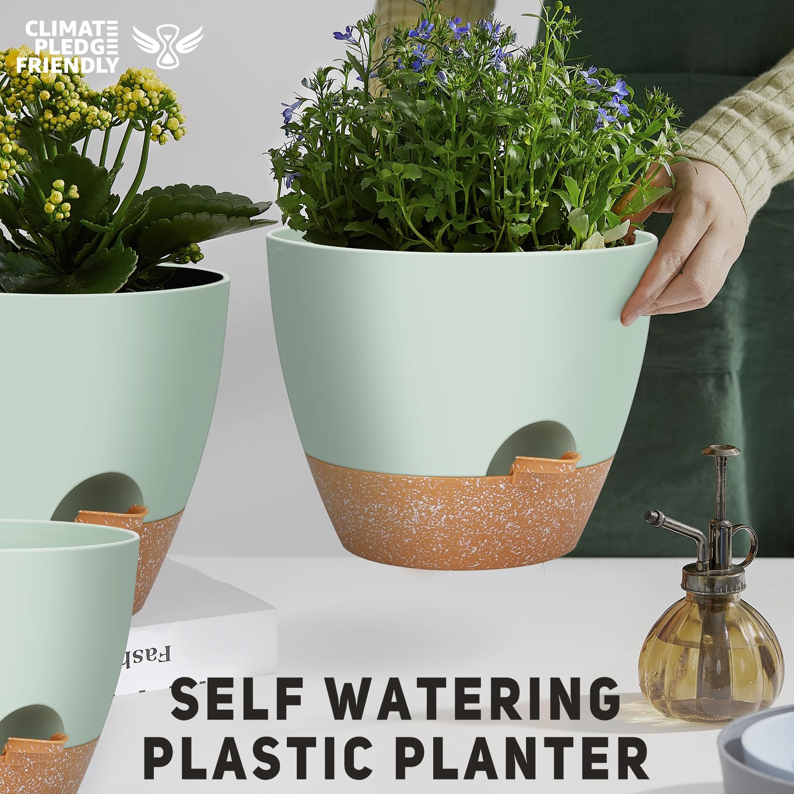 YNNICO Macetas Grandes de riego automático de 12 Pulgadas, 10 Pulgadas, 9 Pulgadas, Paquete de 3 macetas con múltiples Agujeros de Drenaje de Malla para Plantas y Flores de jardín de Interior y