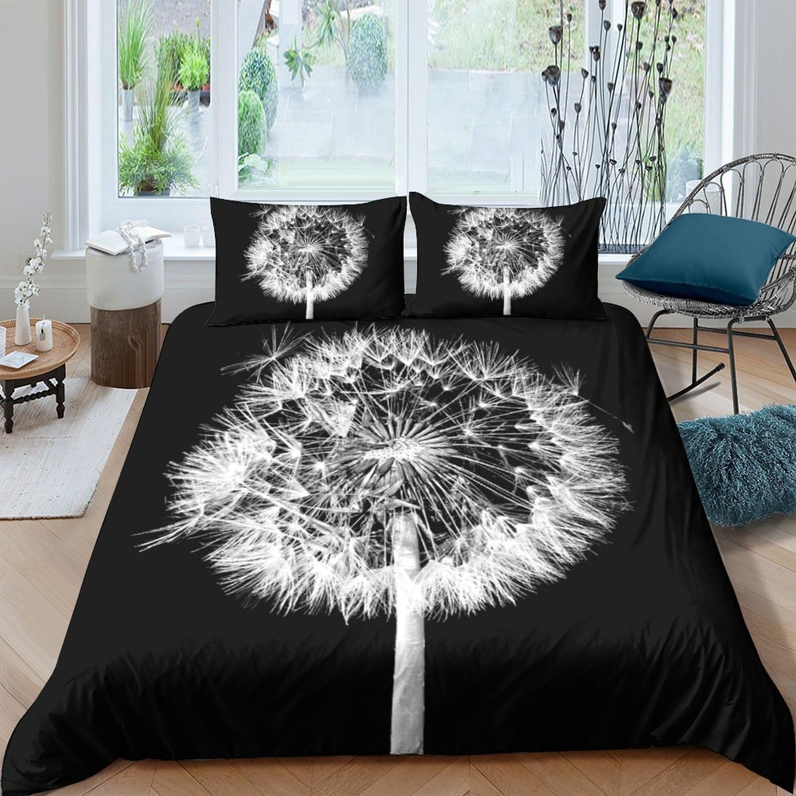 GPLZQXKJNH 3D Printed Dandelion Black Duvet Cover Microfiber Bedding Set with 2 Pillowcases for Bedroom Decor White Flower Single（135x200cm）