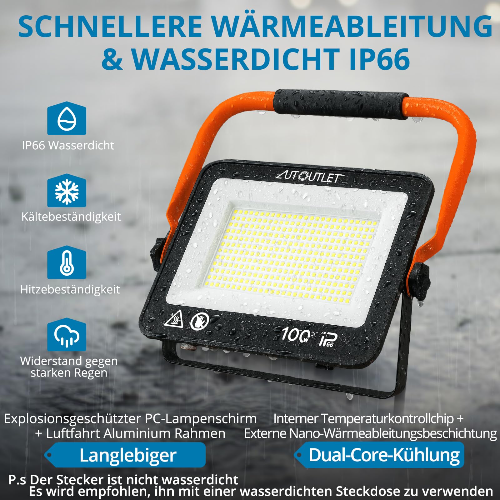 AUTOUTLET Baustrahler LED mit Stativ 300W, 3 Farbtemperaturmodi & 5M Kabel | 27000LM Baulampe, 3000K/5000K/6500K, 118-174cm Höhenverstellbar Stativ, IP66 Wasserdicht, Abnehmbar, für Garage Baustelle