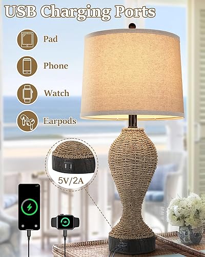 Miniatura 3 de Juego de 2 lámparas de mimbre de 27 pulgadas con interruptor giratorio, 2 puertos USB, lámpara de mesa de noche de mimbre para mesita de noche de