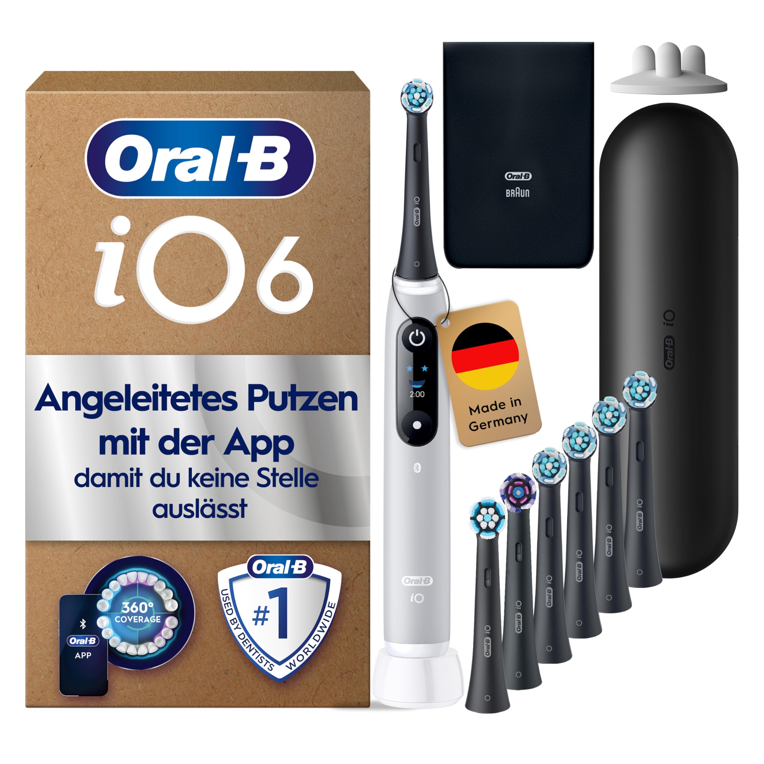 Oral-B iO Series 6 Elektrische Zahnbürste Grau PLUS Ausgewählte Original Oral-B iO Aufsteckbürsten Schwarz 7x