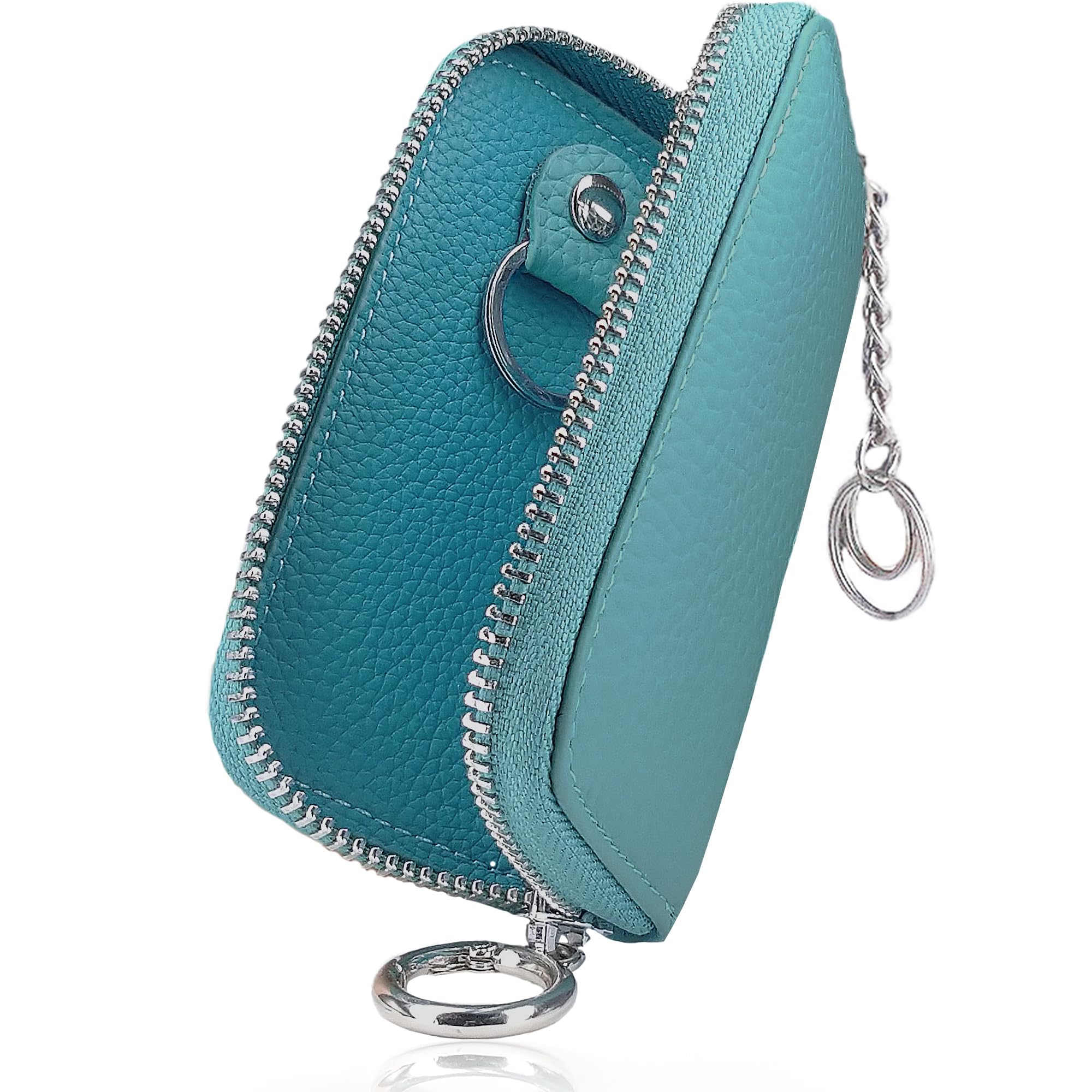 Elegance-e Smart Key Case, Smart Key Compatible, Men's, Women's, Genuine Leather, Embossed Leather, Compact, Small, 6 Hooks, With Card Pocket, Large Capacity, Zipper, blue (sky blue) : Clothing, Shoes